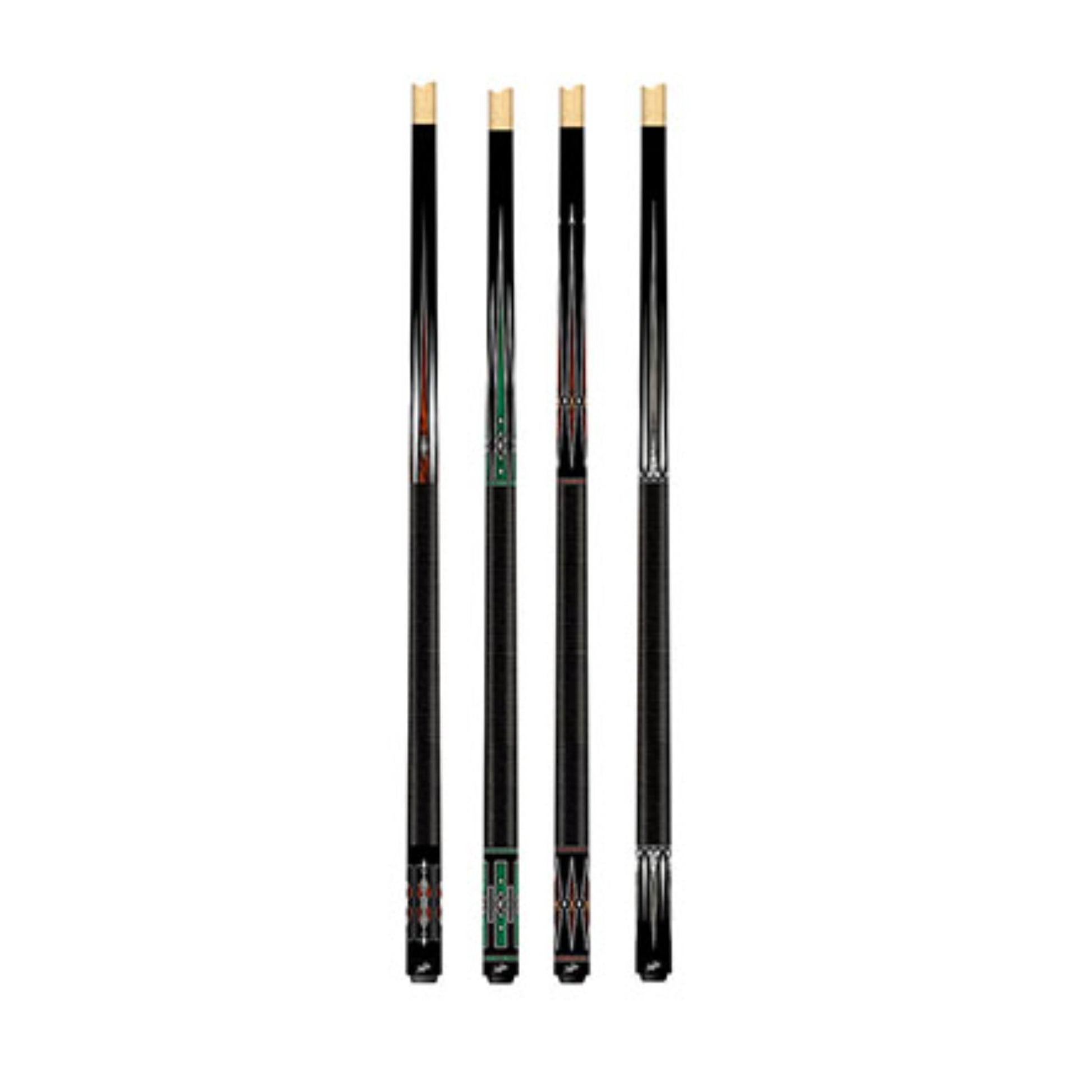 Group view of the Dufferin 400 Revenge Hybrid Series Package L2 showing four cues with 11mm tips and Irish linen grips