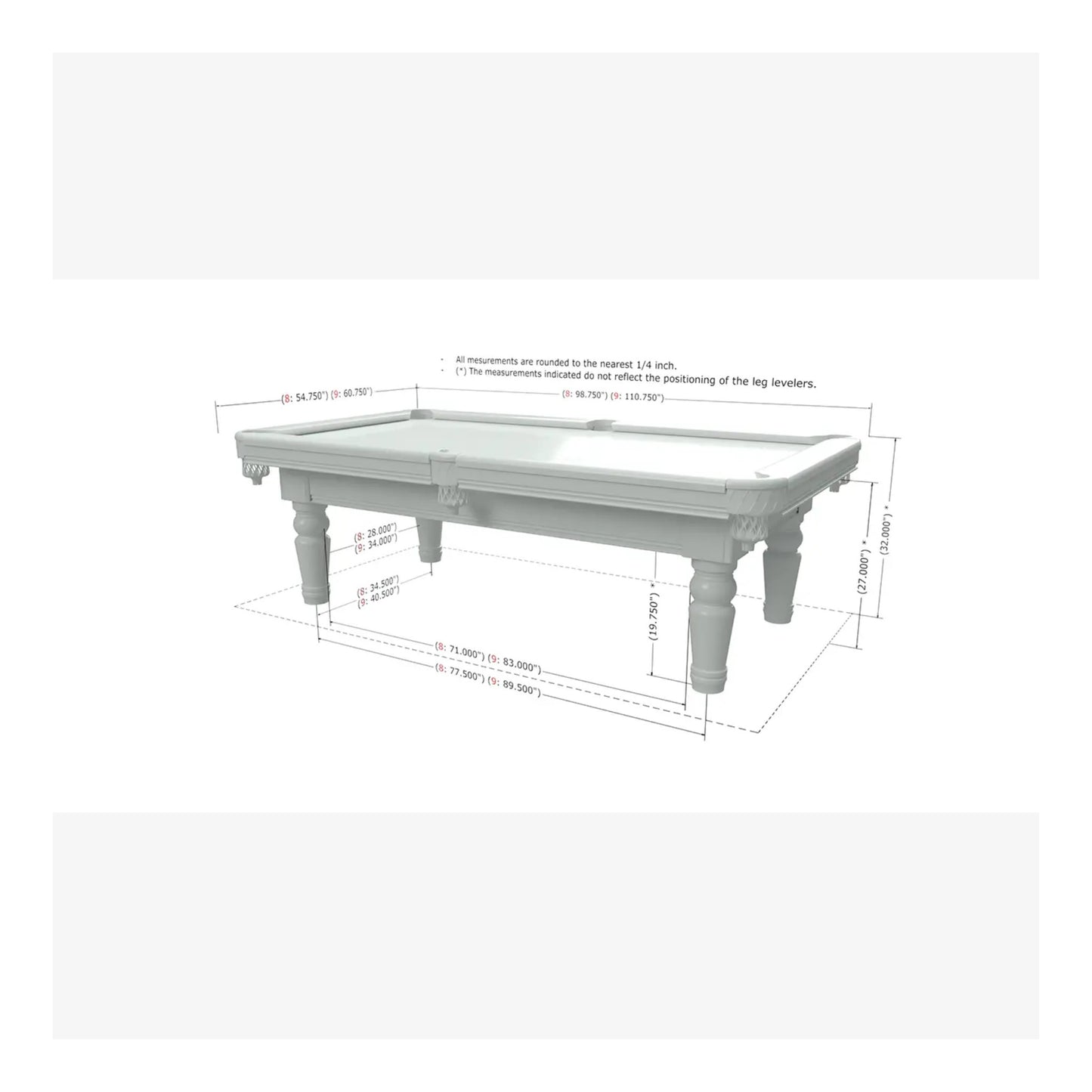 An image showing the room dimensions and cueing space required for different sizes of the Aristocrat pool table.