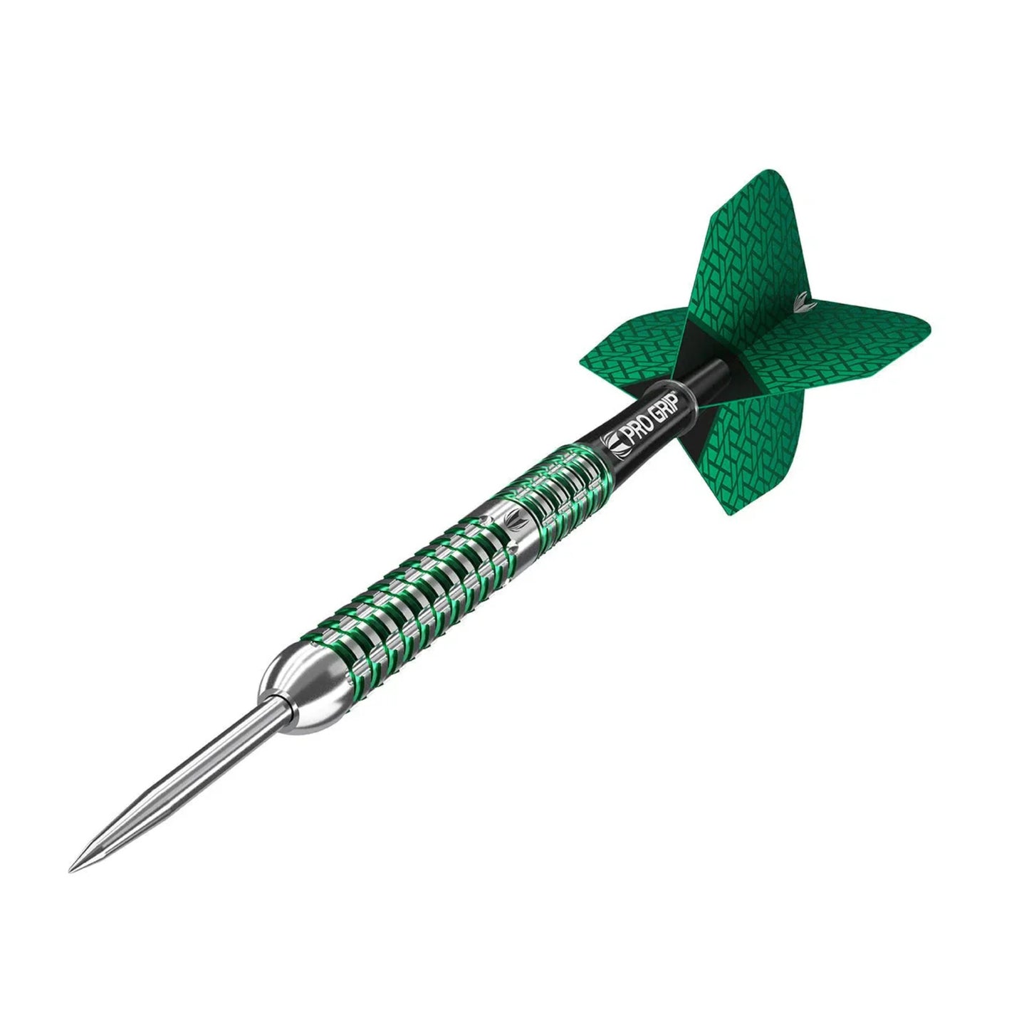 Close up of Target Darts Agora Verde AV01 barrel showing the green electro-plated coating and precision milled radial grooves.