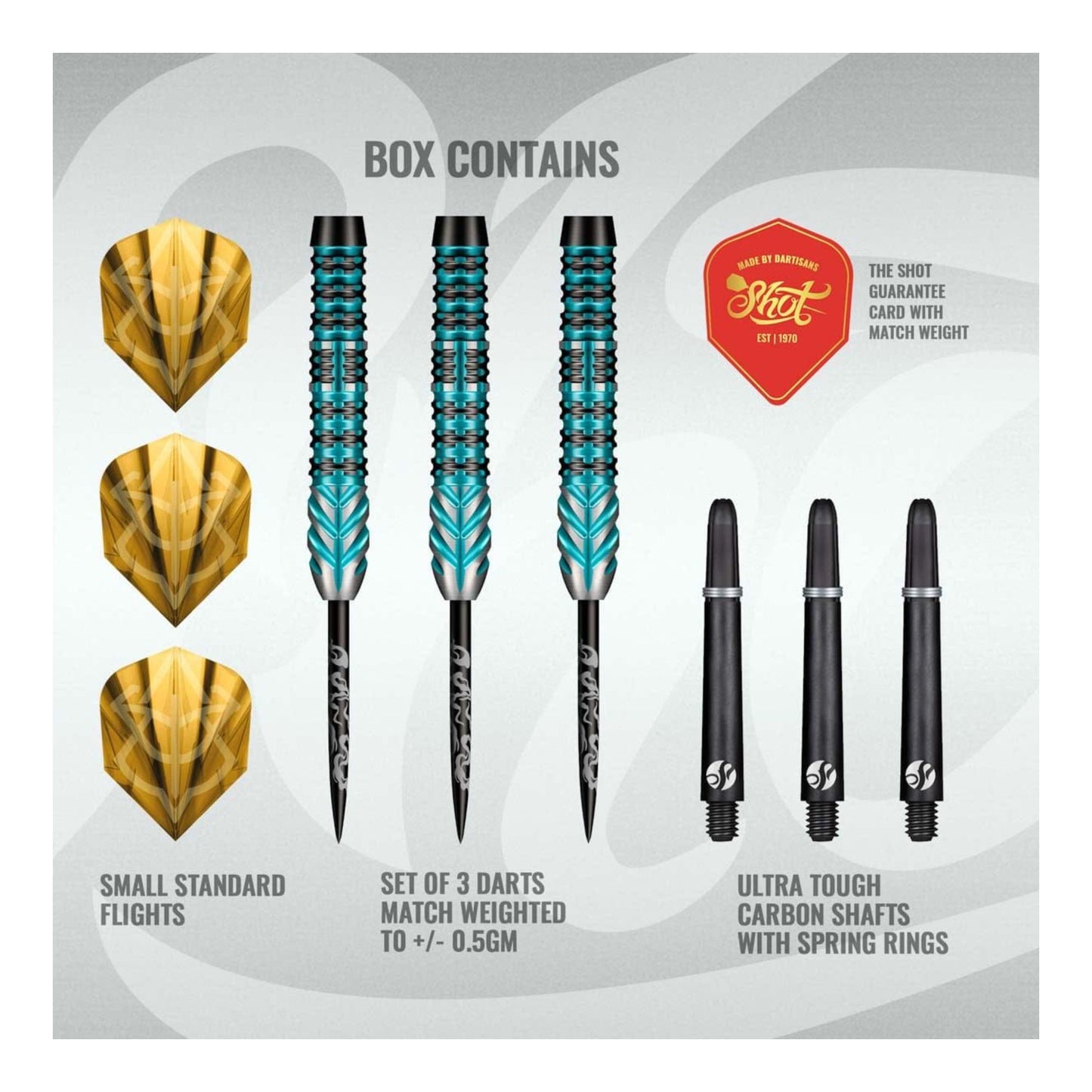 Box contents for Alchemy Volta darts including flights, shafts, points, and 3 tungsten barrels