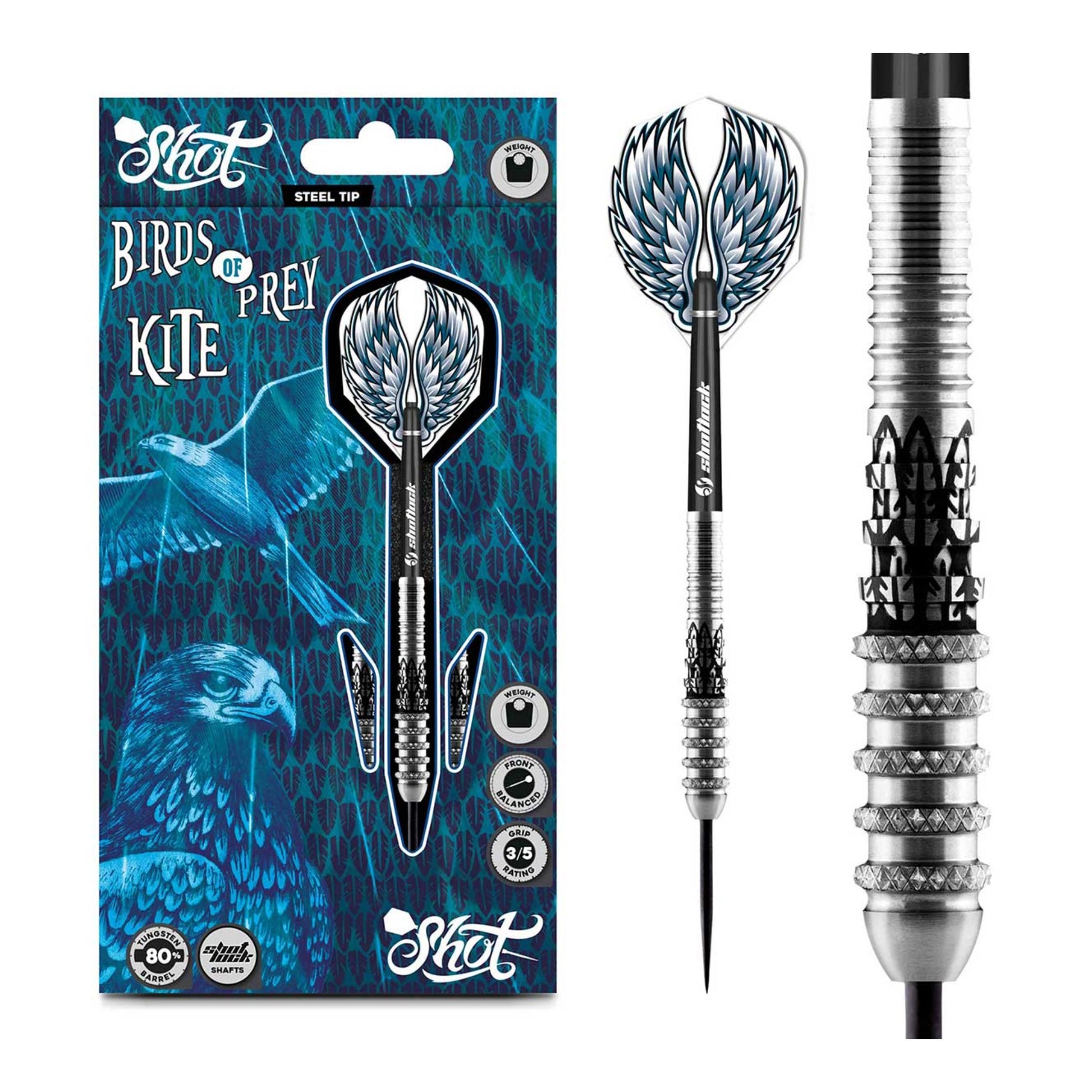 A complete set of three Shot Birds of Prey Kite 80% tungsten darts, showing the front-weighted torpedo shape and black Shot Lock shafts.