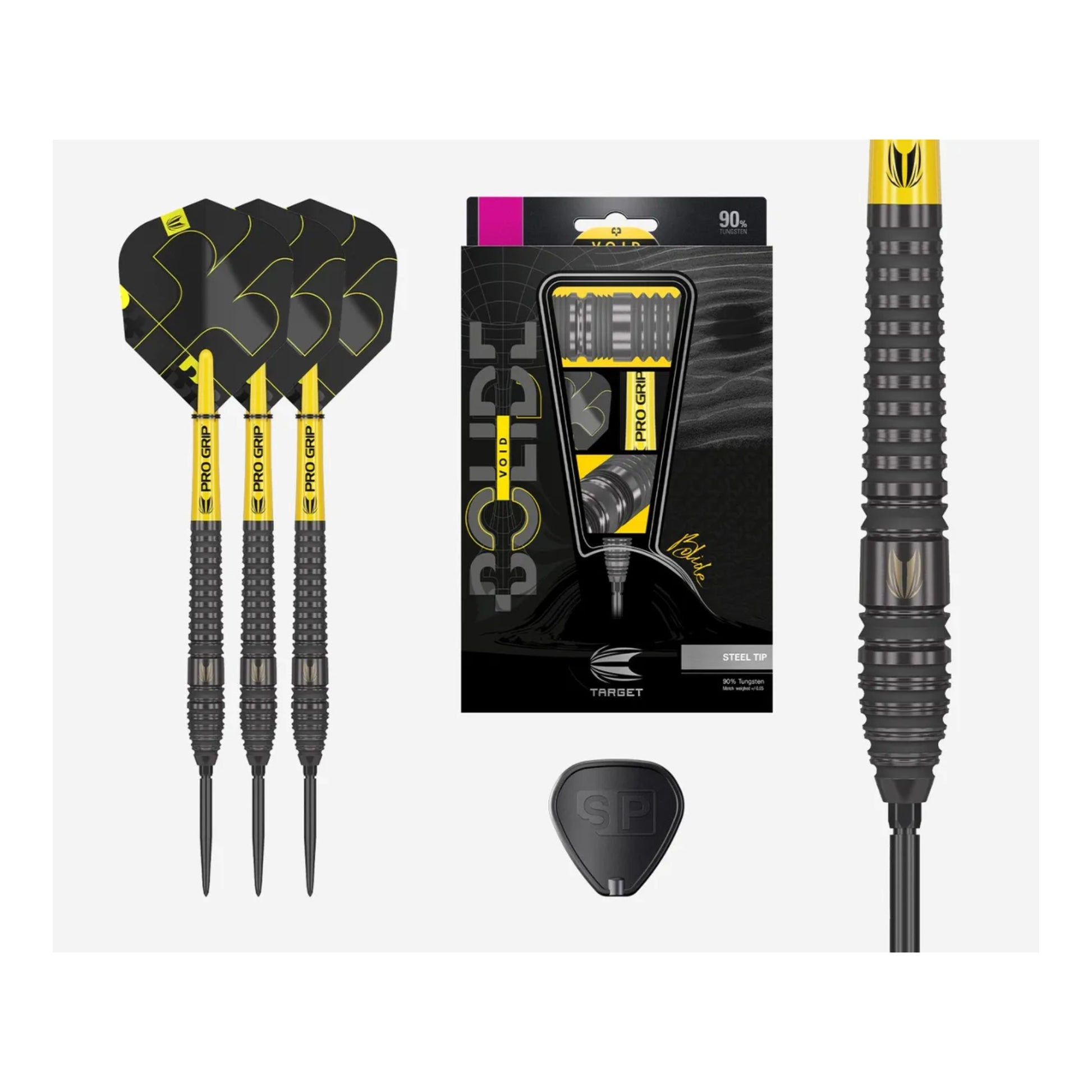 Full length view of Target Bolide Void 03 90% tungsten darts with black points