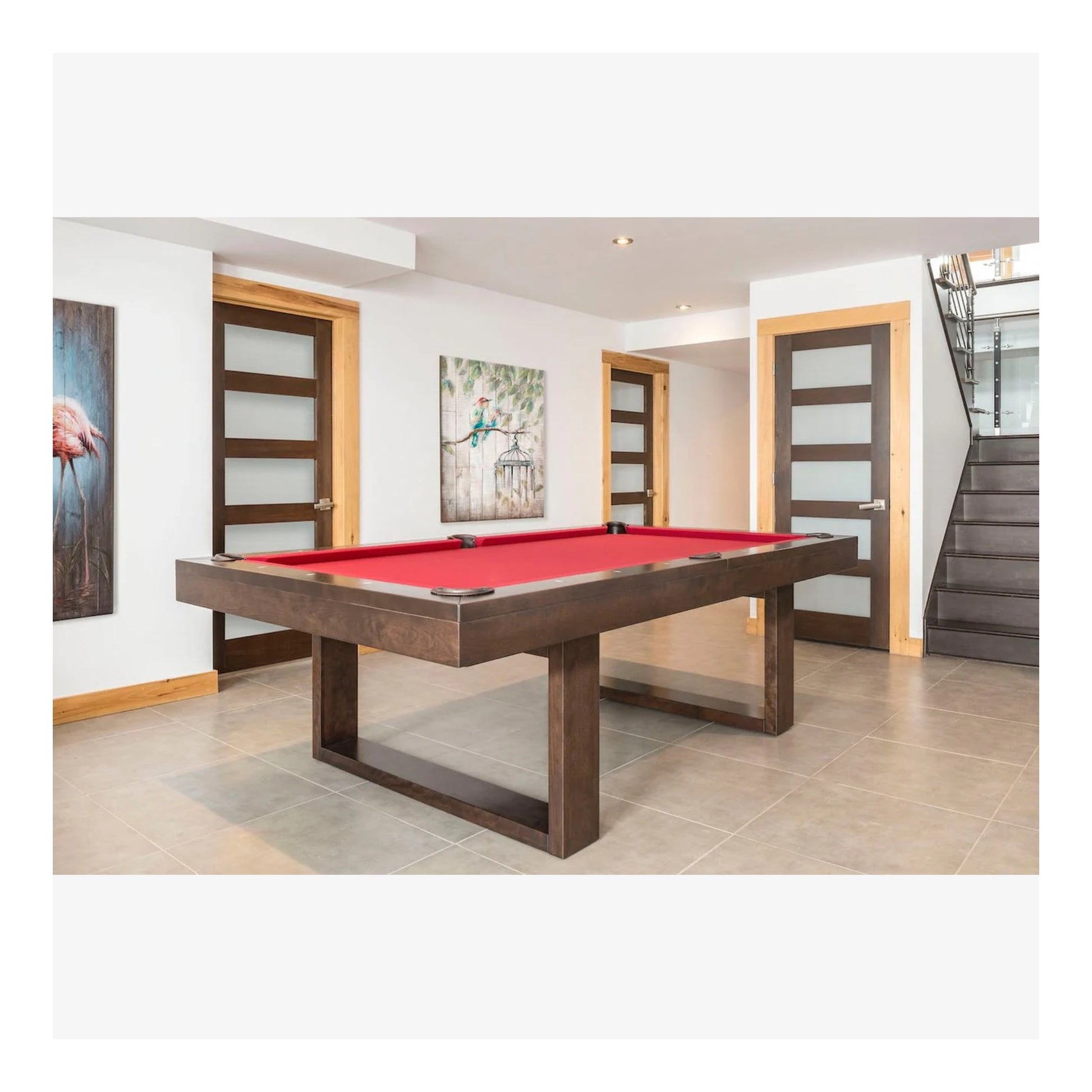 The Bridge convertible dining pool table in solid wood, shown in a modern room with the optional dining top placed on top.