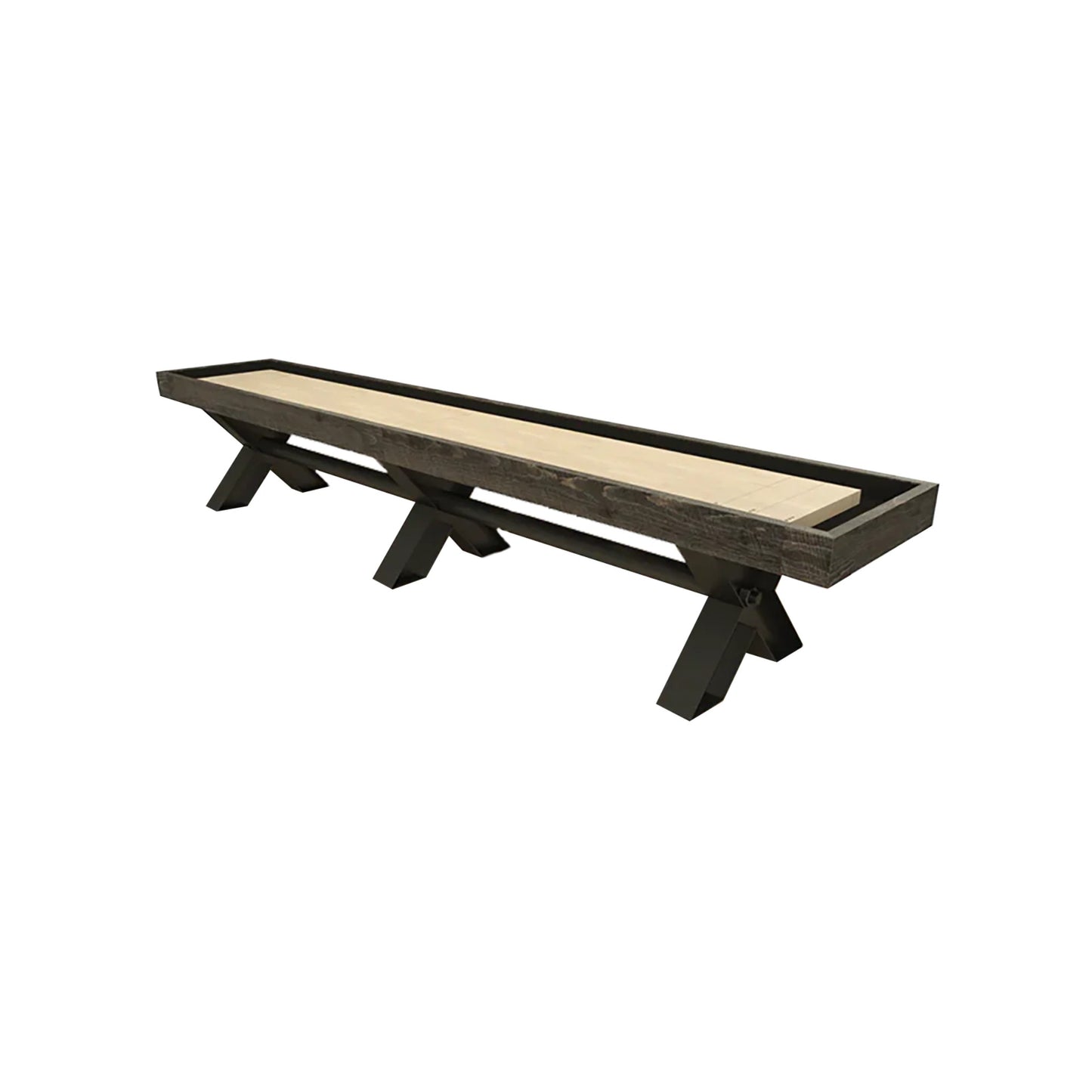 Canyon Shuffleboard Table by Canada Billiard featuring a rustic industrial design with distressed red pine frame, matte black steel X-legs, and solid maple playing surface.