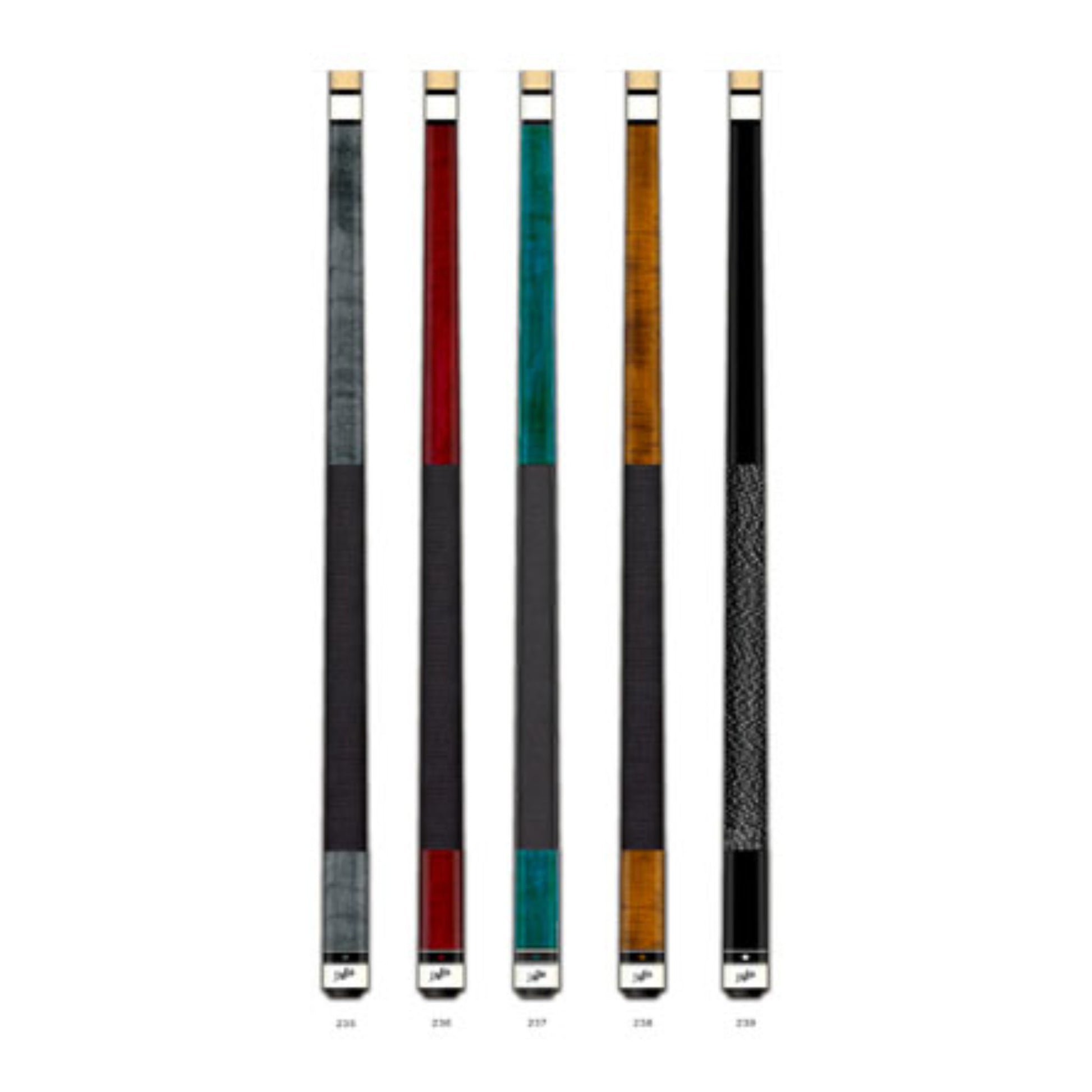 Group view of the Dufferin 230 Club Series Package displaying all five cues with wrapped grips and assorted wood stains