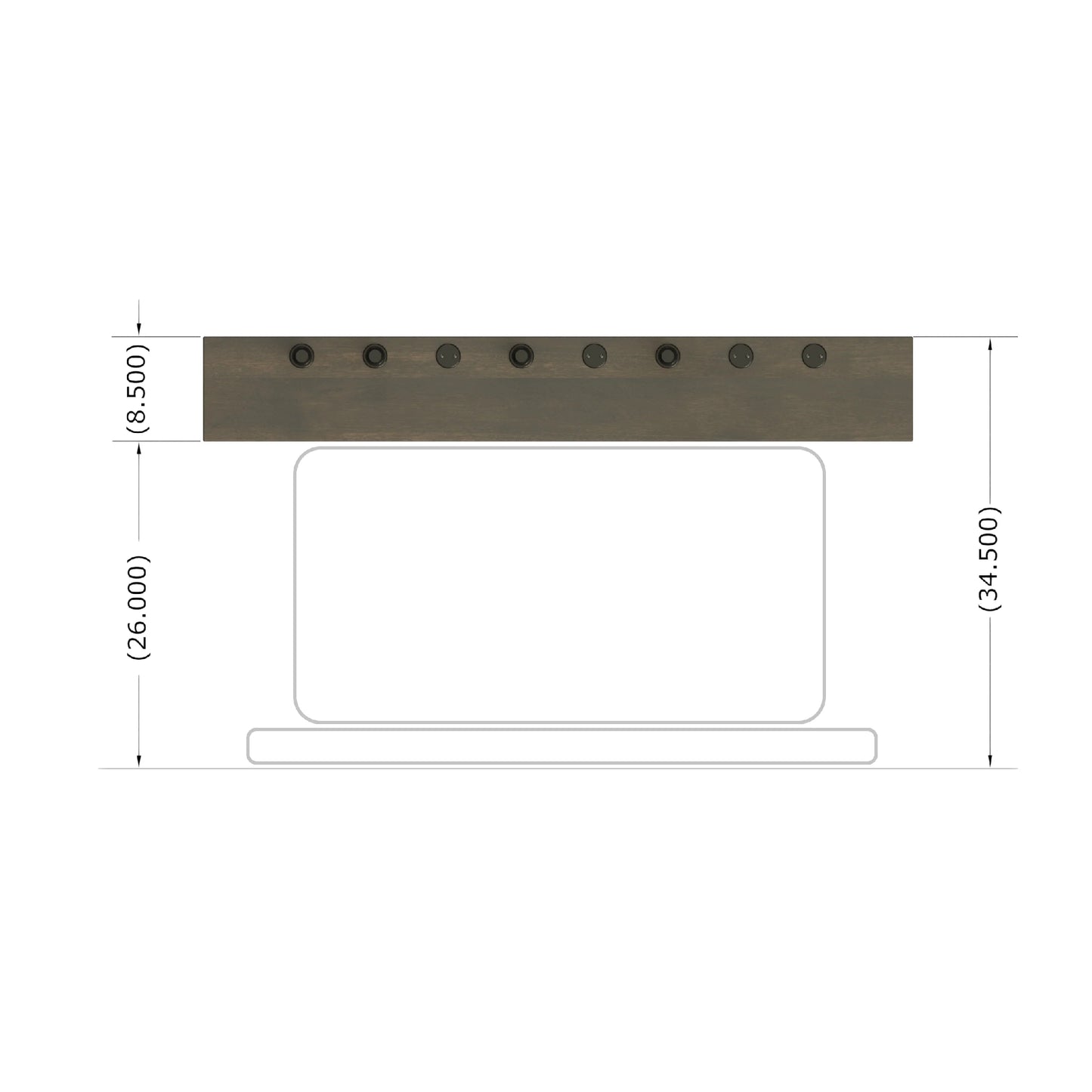 Foosball measurement chart with dimensions labeled on a white background