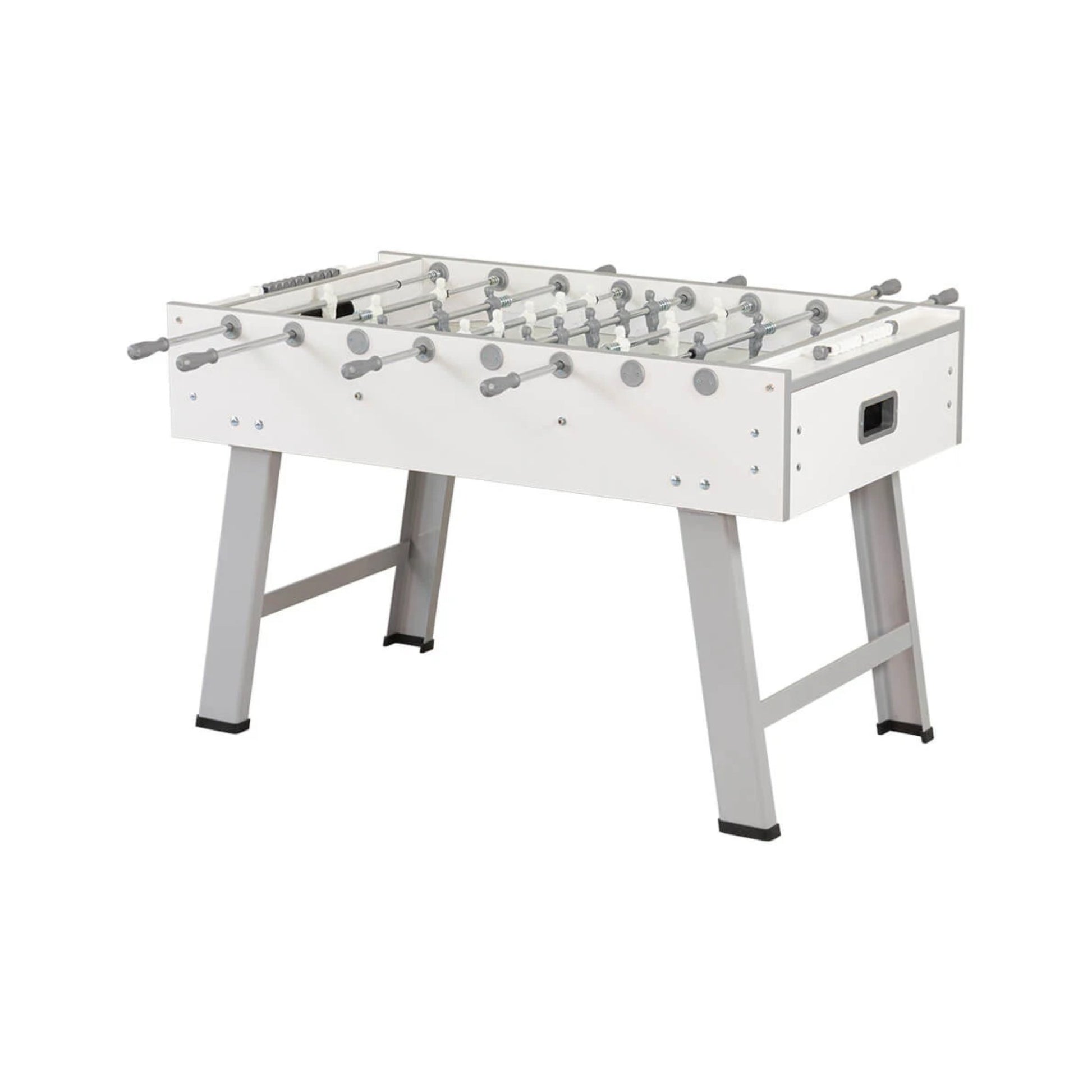 Detail view of F.A.S. Charme Foosball Table showing grey and white players
