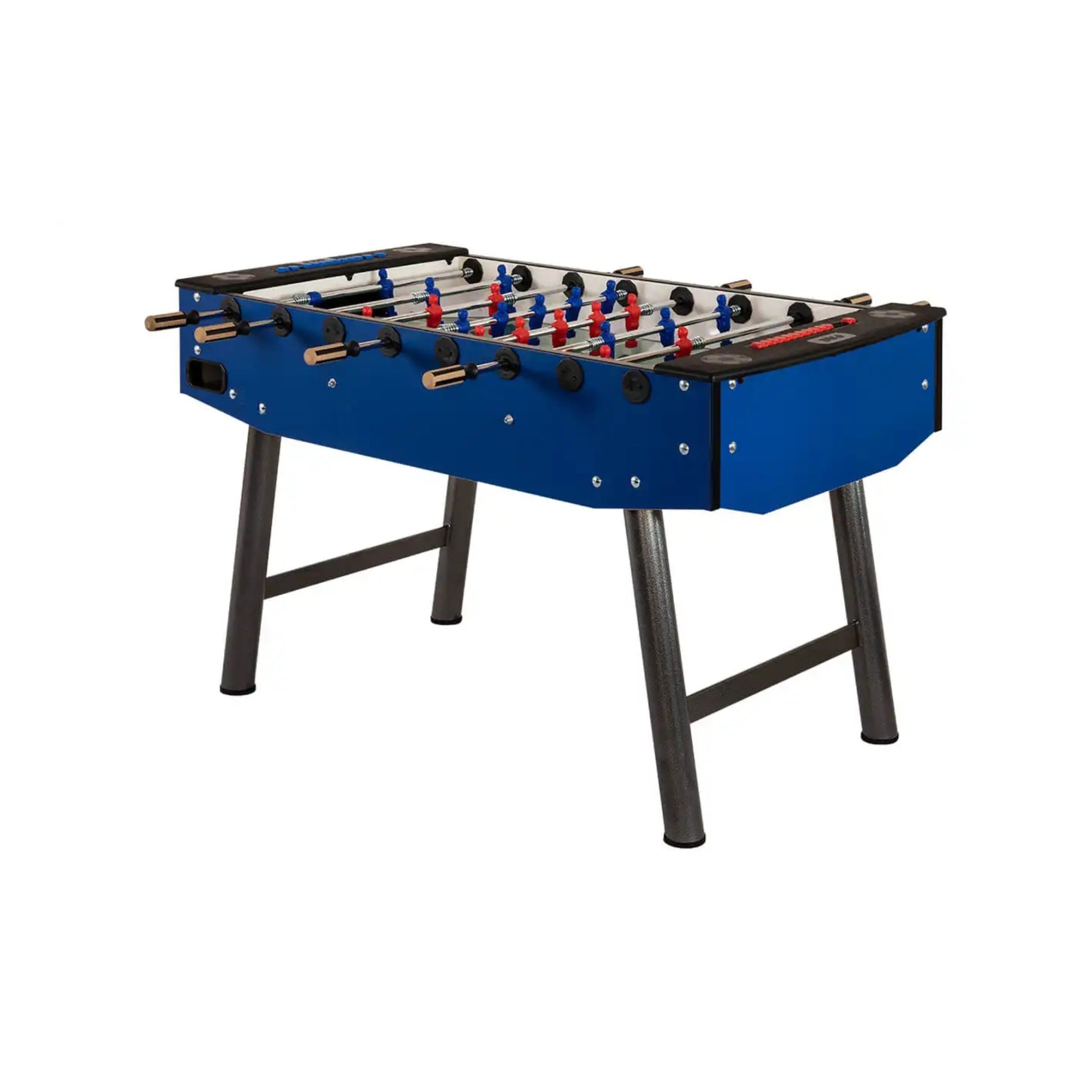 Detail of red and blue players and upgraded handles on F.A.S. Fun Plus table