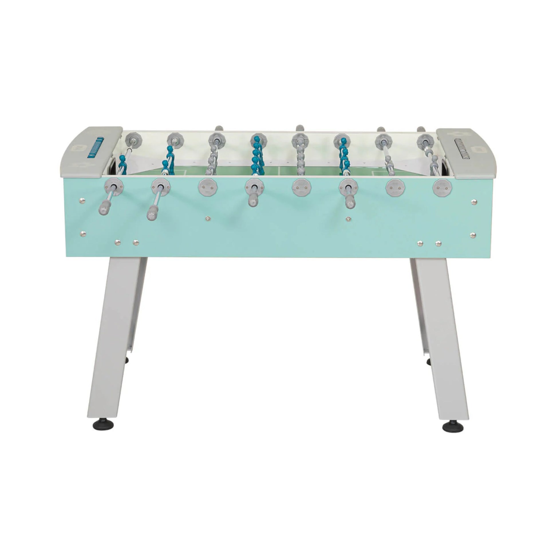 Angled view of F.A.S. Smart Outdoor Foosball Table showing durable white cabinet