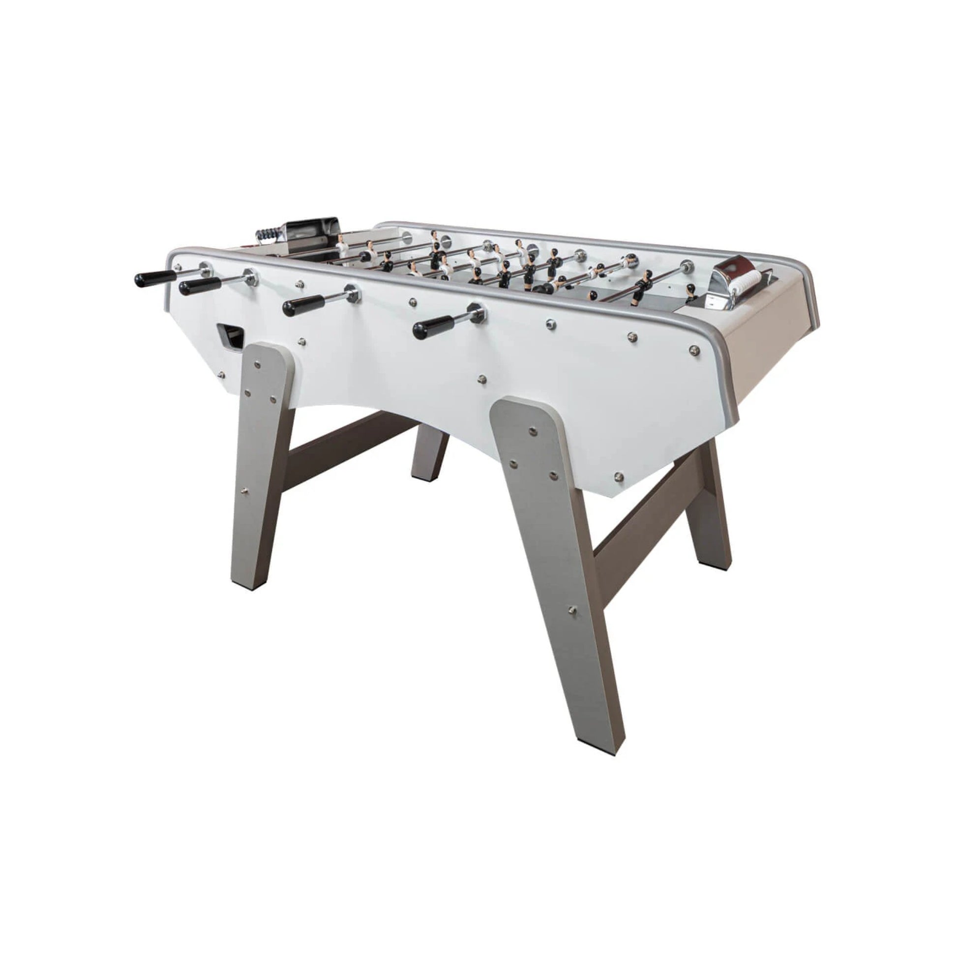 Side profile of Masterspeed Foosball Table showing sturdy legs and metal goals