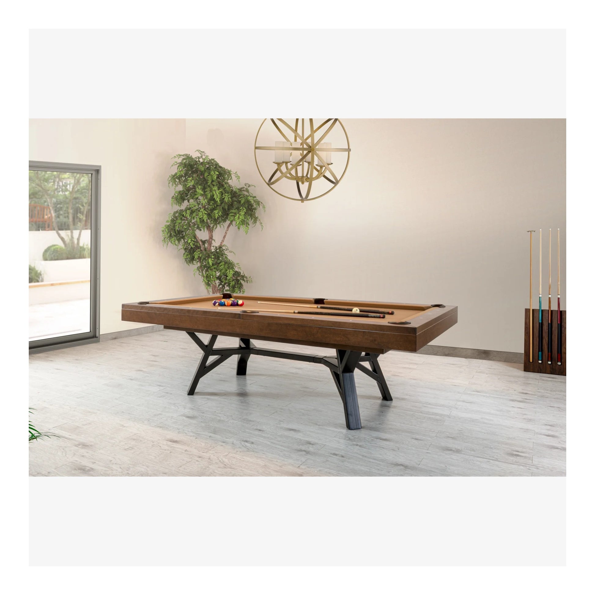 The Industria pool table by Canada Billiard, shown in a modern game room with dark wood finish and steel legs.