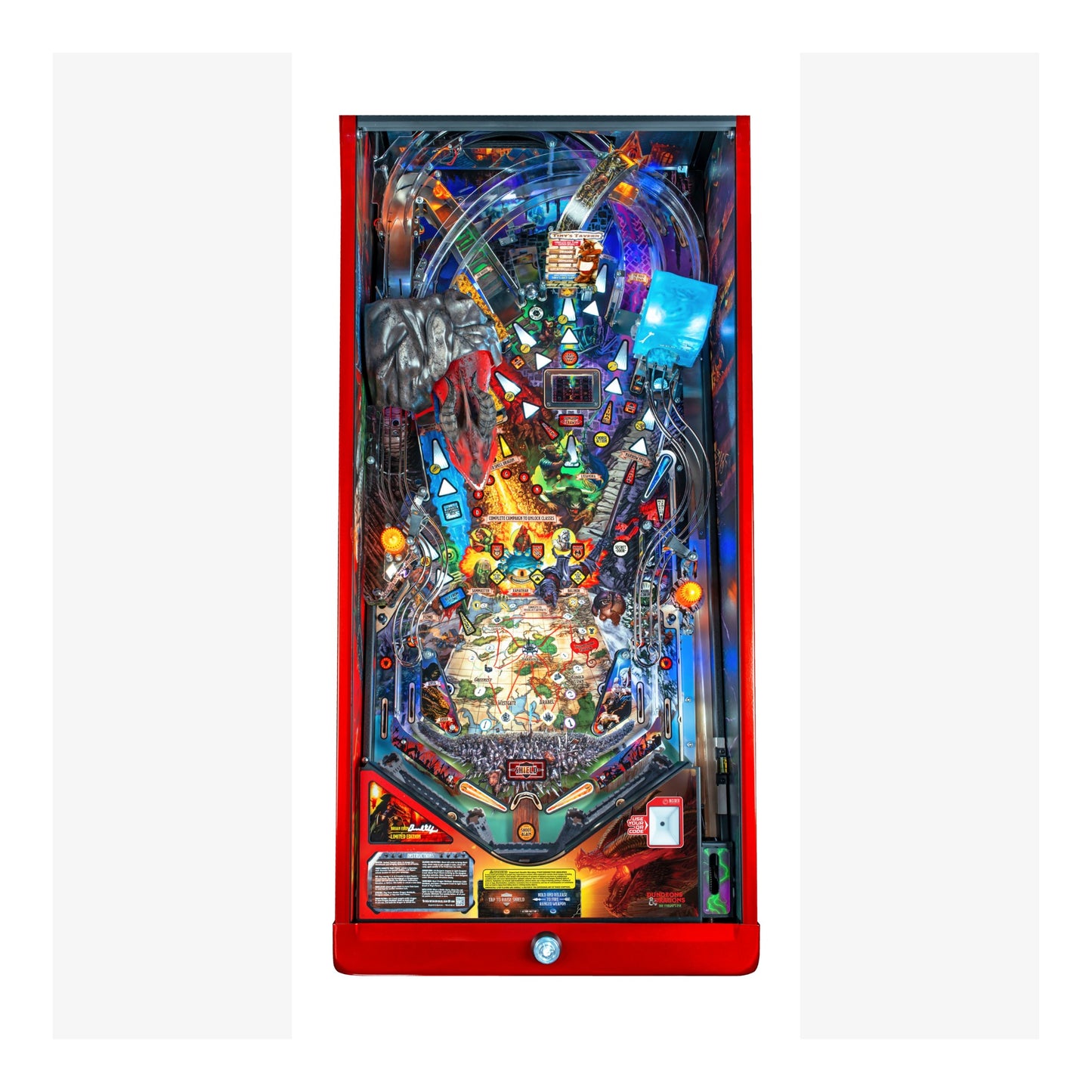Pinball machine with colorful lights and details on a white background