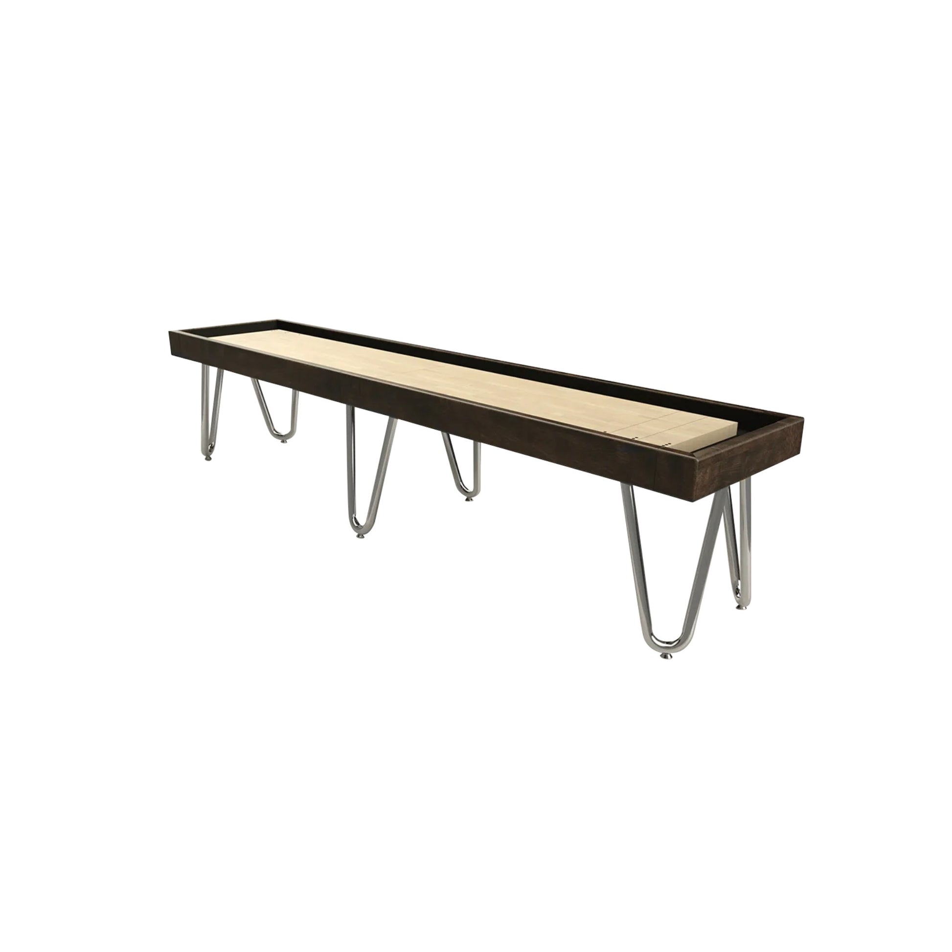 Loft Shuffleboard Table with curved chrome steel legs and modern wood cabinet in a contemporary room setting