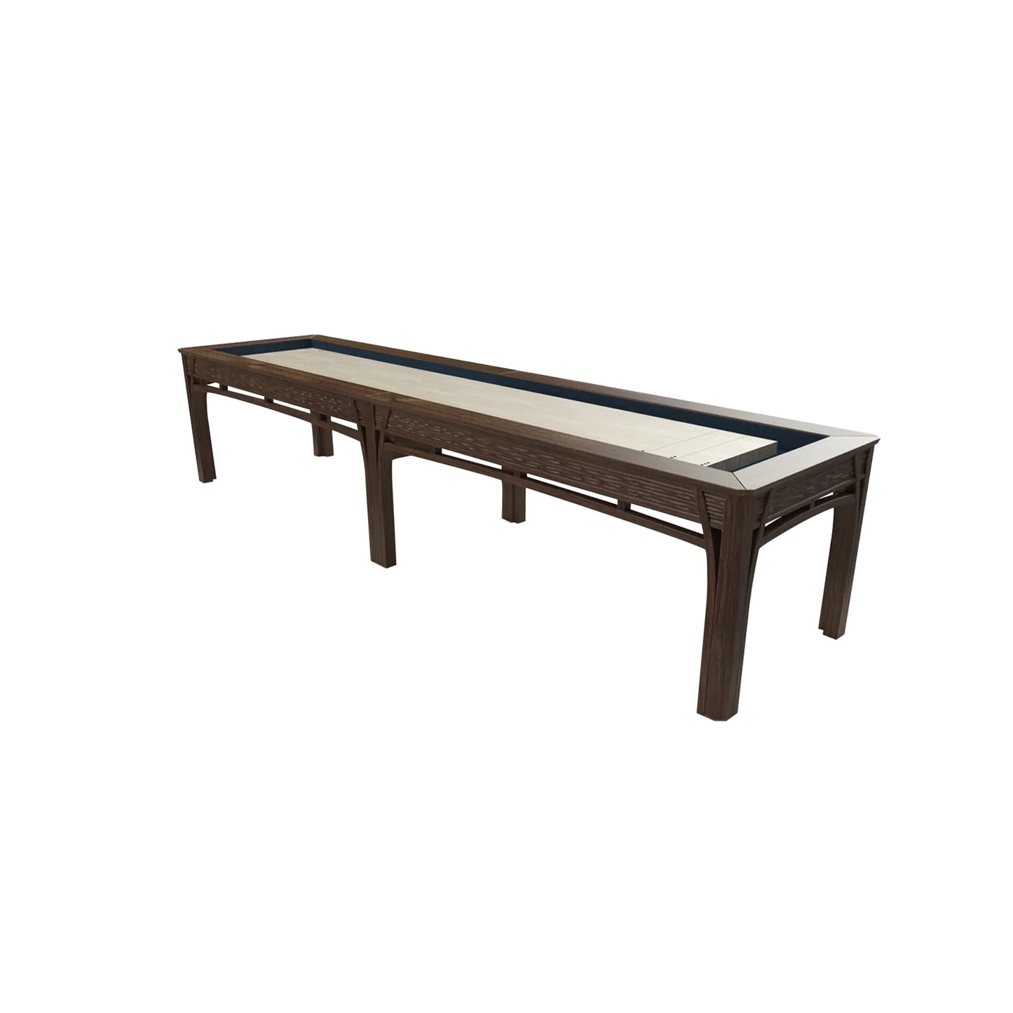 Lotus Shuffleboard Table featuring curved white birch legs and solid maple playfield in a luxury game room