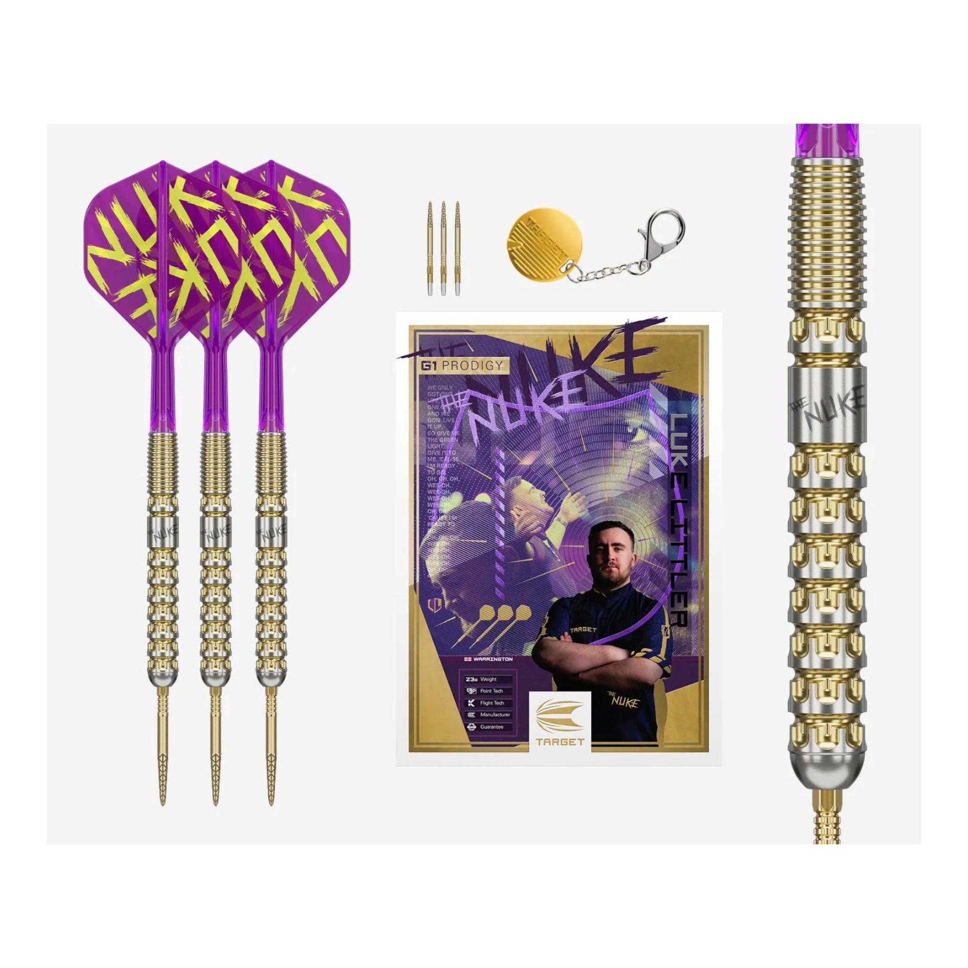 Full set of Luke Littler G1 Prodigy SP darts with purple K-Flex flights