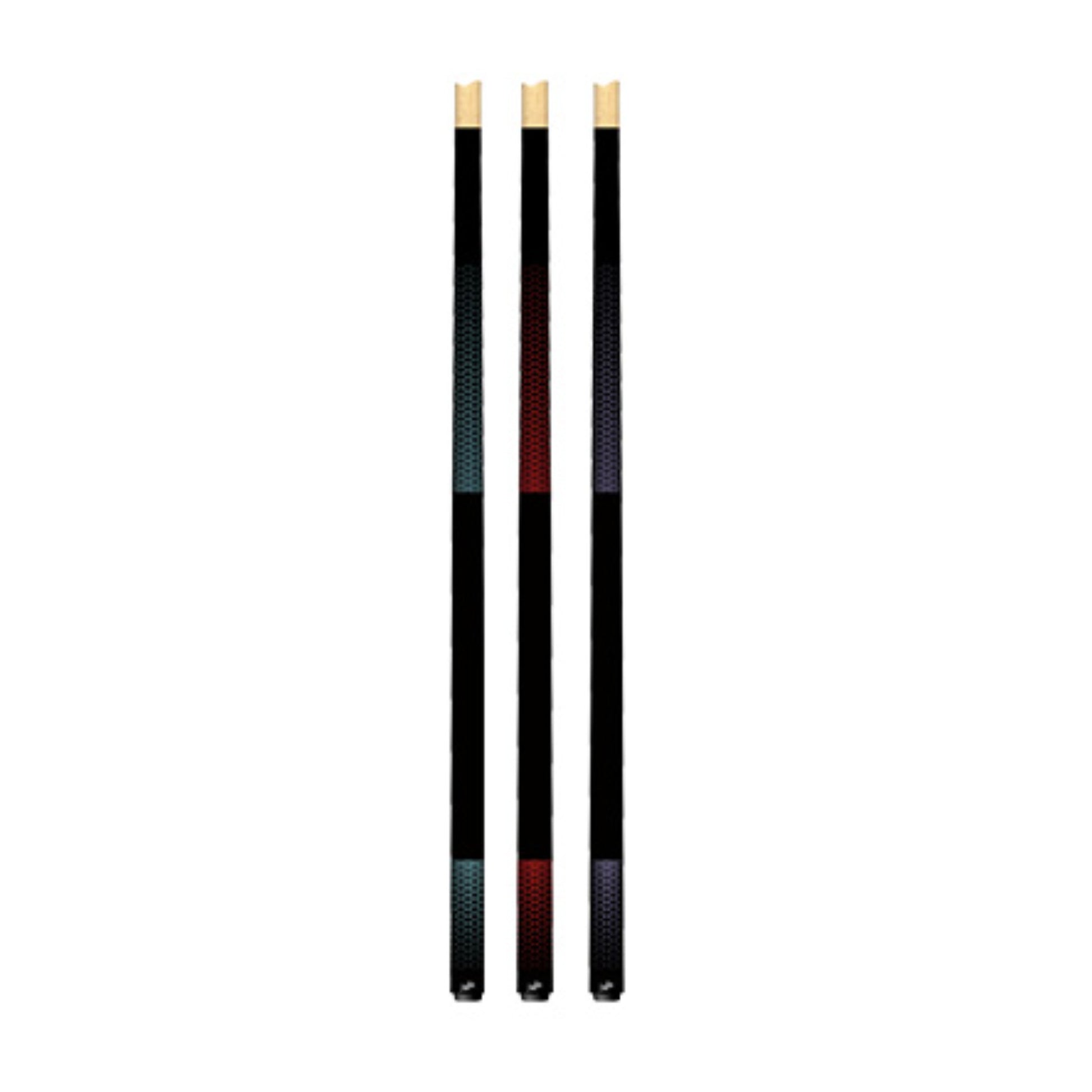 Group view of the Dufferin 300 Cascade Series Package featuring three pool cues with metallic geometric patterns in Aegean Blue, Blood Red, and Indigo