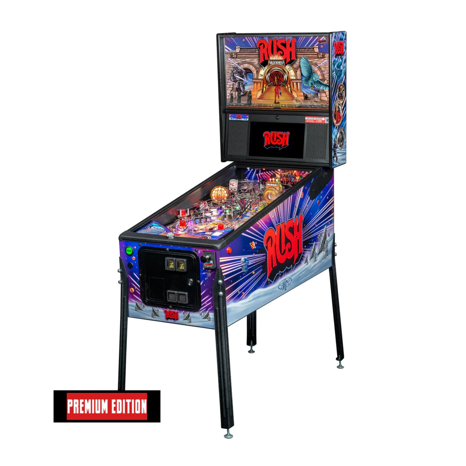 Pinball machine with 'Rush' branding on a white background