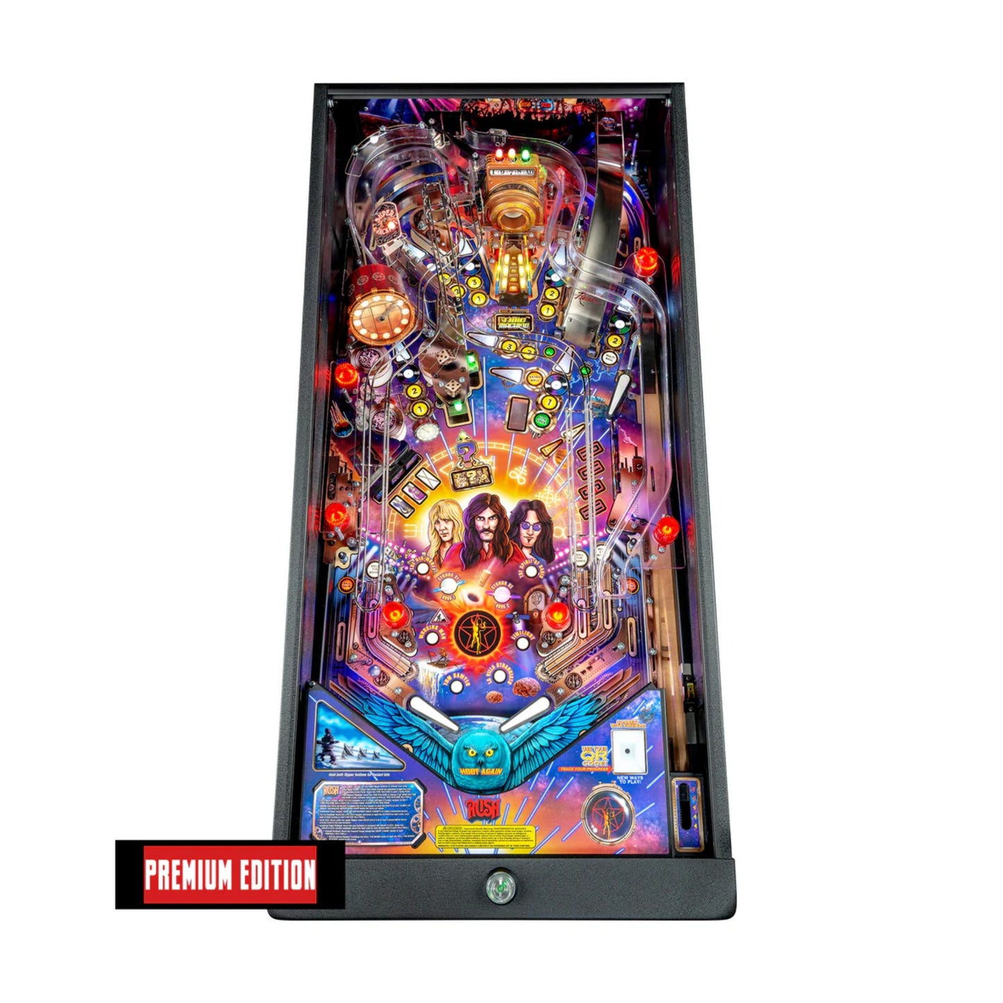 Colorful pinball machine with 'Premium Edition' label on a white background
