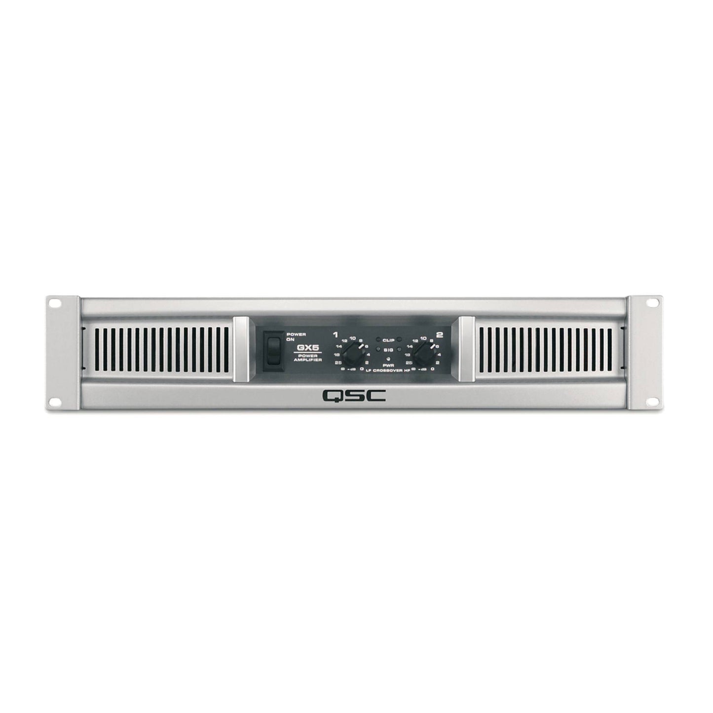 QSC audio amplifier on a white background