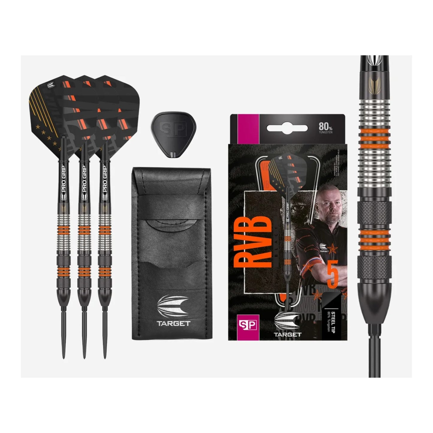 Box contents of Target RVB Black Edition Swiss Point Darts, showing three black 80% tungsten barrels with orange rings, shafts, flights, and the Swiss Point tool.