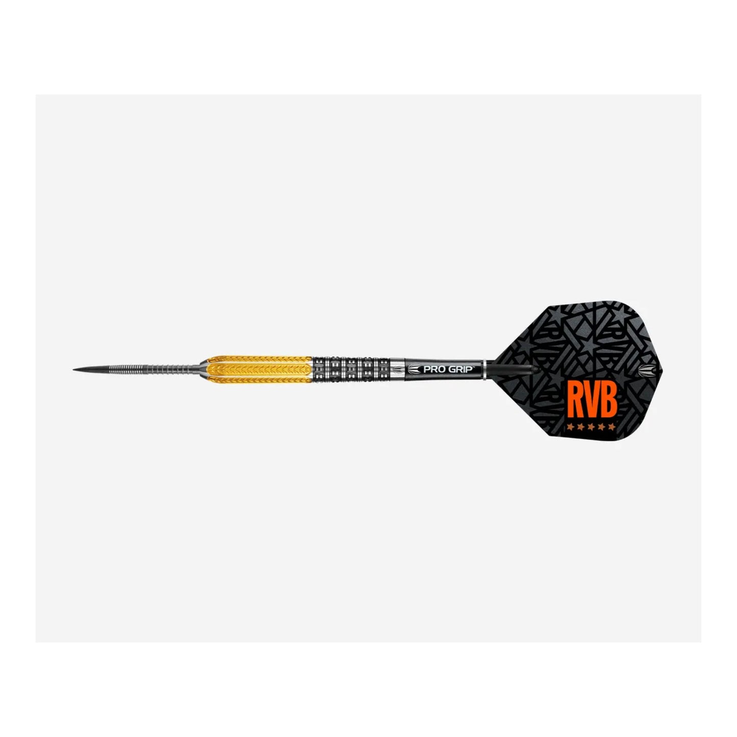Close-up of the Target RVB Gen 2 dart barrel featuring intricate black and gold PVD coated trapezoidal grip texture.