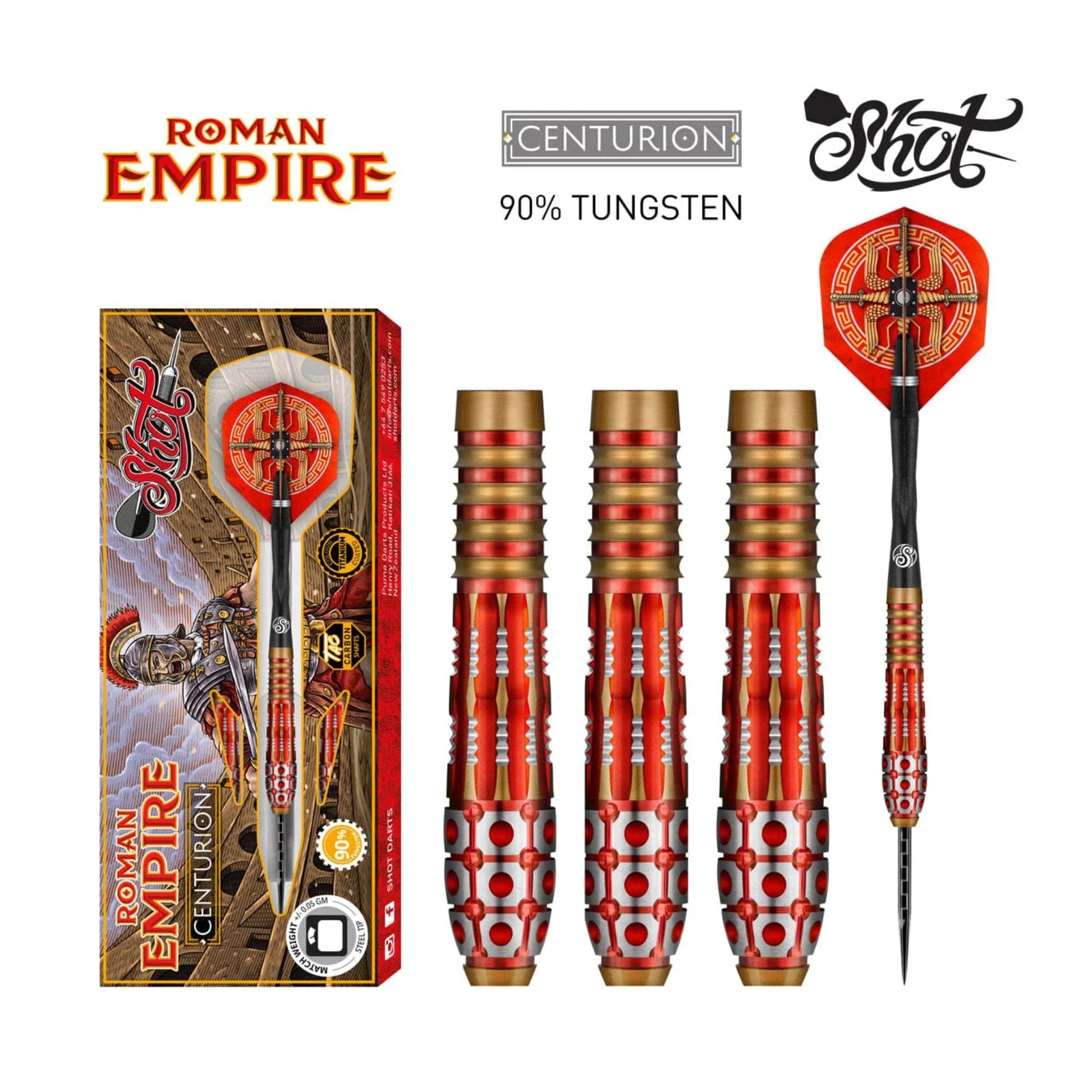 Full set of Shot Roman Empire Centurion steel tip darts with flights and shafts
