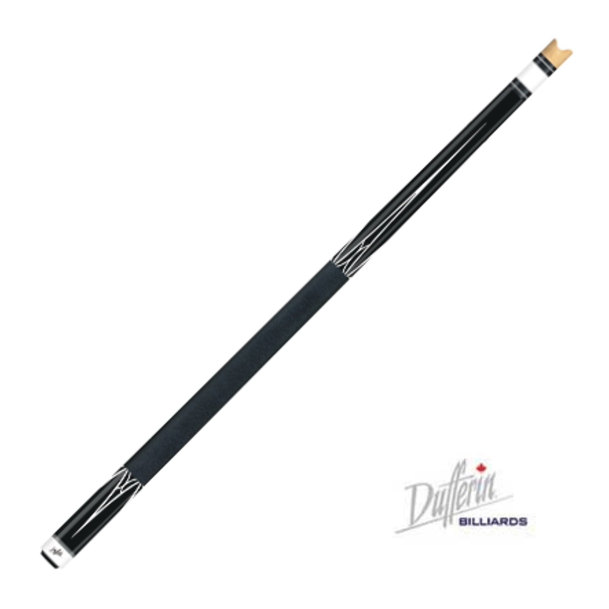 view of the Dufferin 300 Midnight Series Model 325 pool cue featuring a high-gloss black finish with white geometric outline points and graphic inlay work