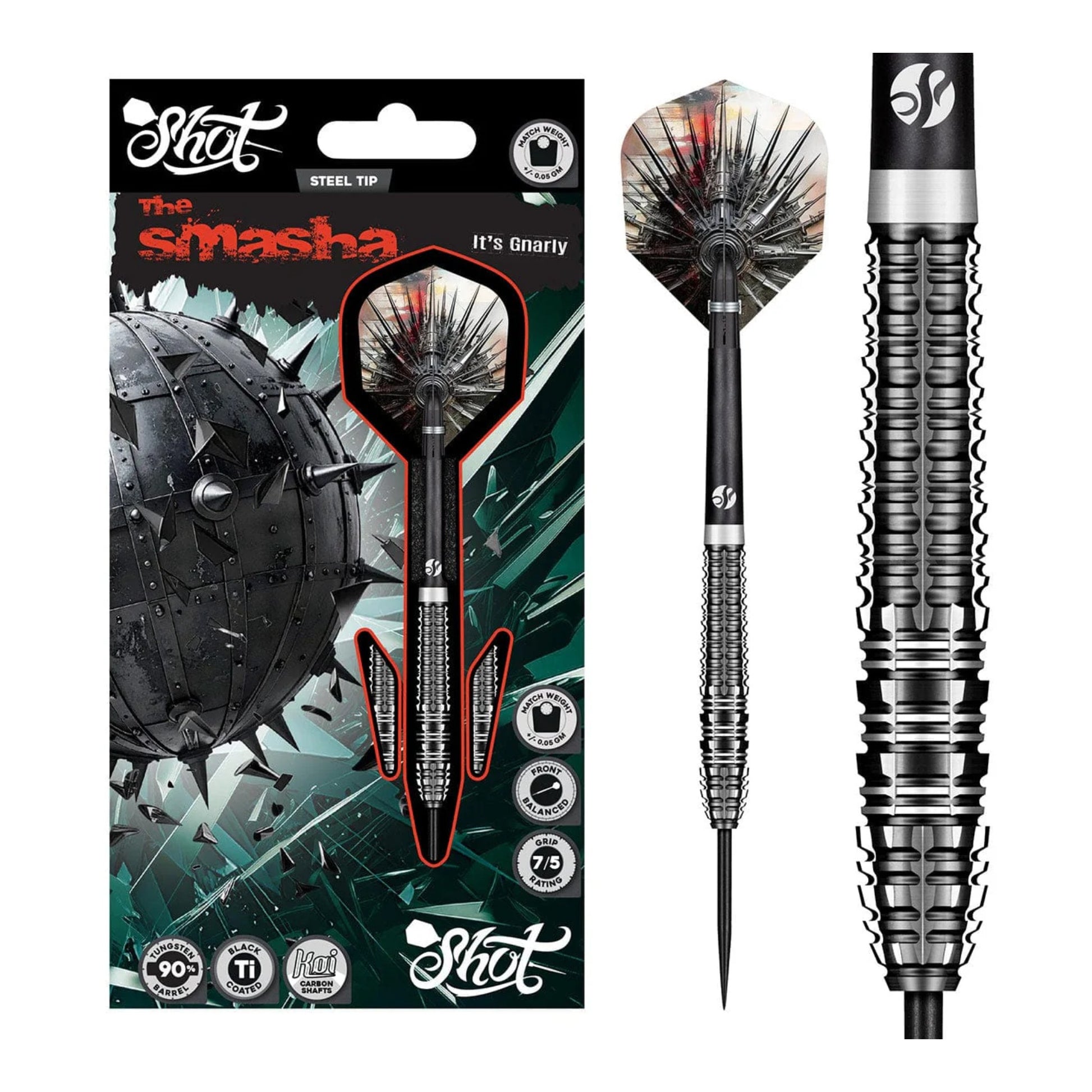 Side profile of the straight, center-weighted Shot AI Cyberpunk dart, highlighting the slotted bull-style nose.