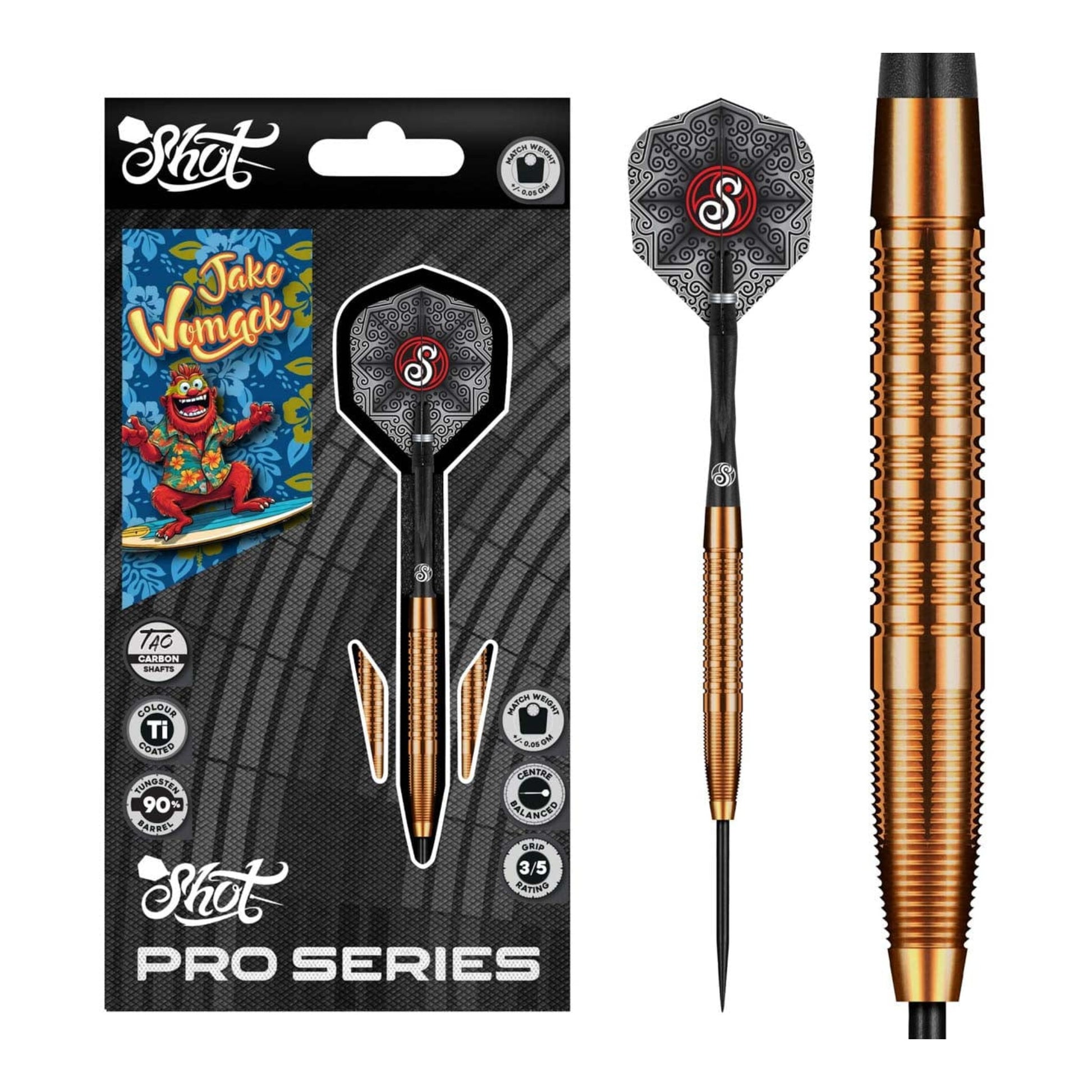 Full assembly of Jake Womack 90 percent tungsten steel tip darts with flights