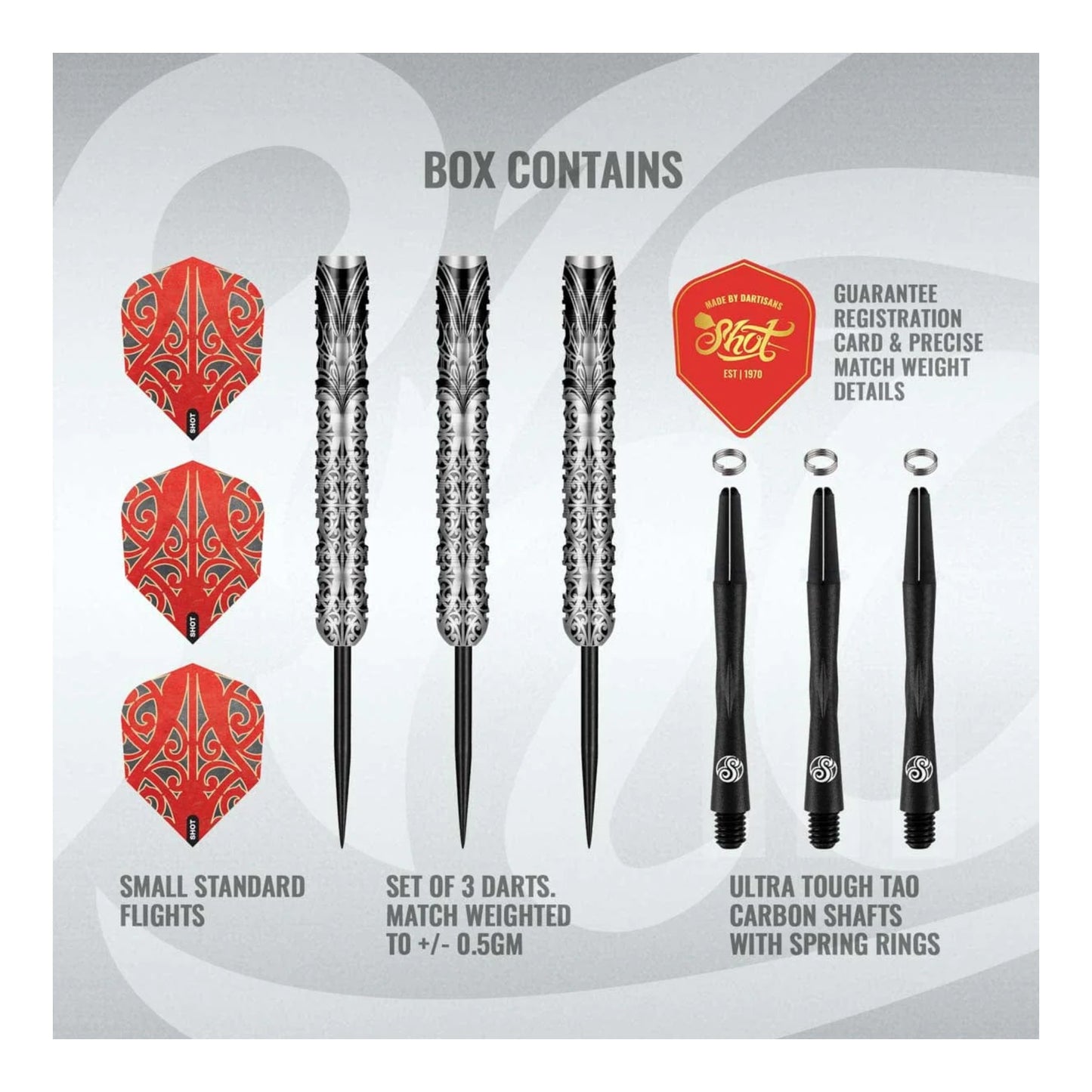 hree assembled Shot Warrior Taiaha darts with carbon shafts and tribal flightsnose