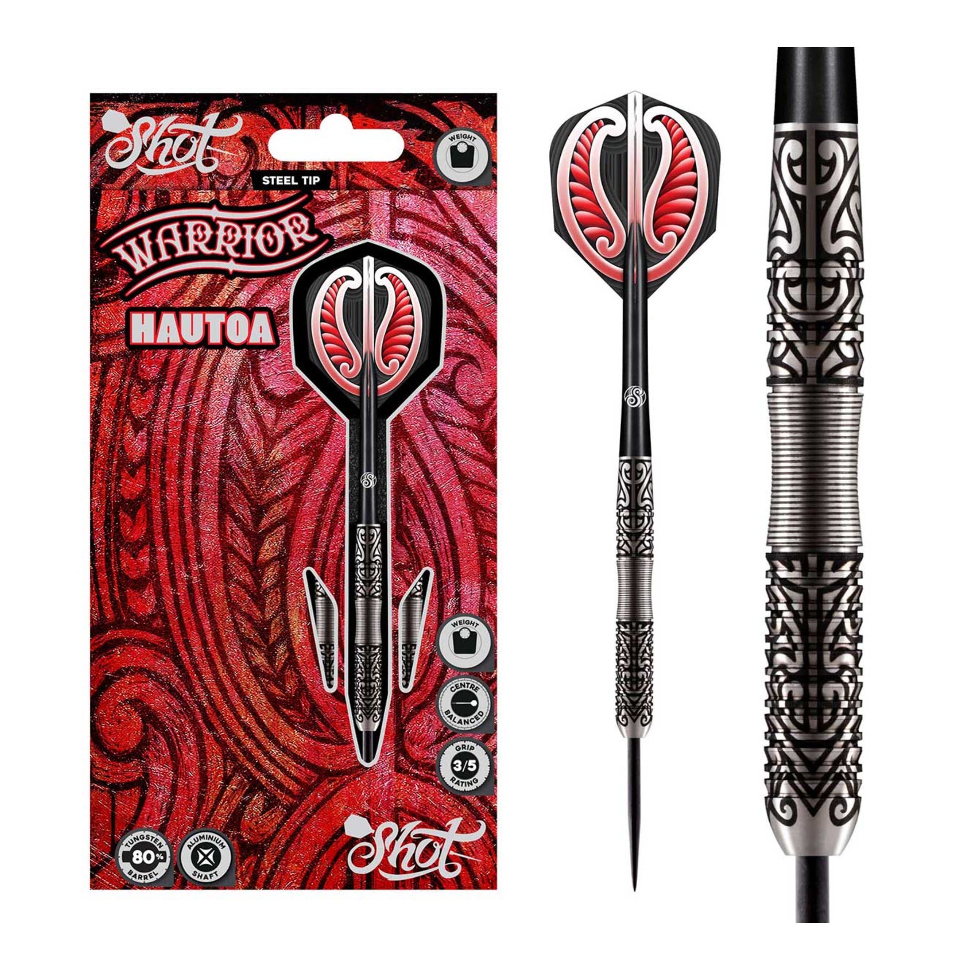 Shot Warrior Hautoa steel tip dart set packaging with red flights and aluminium shafts