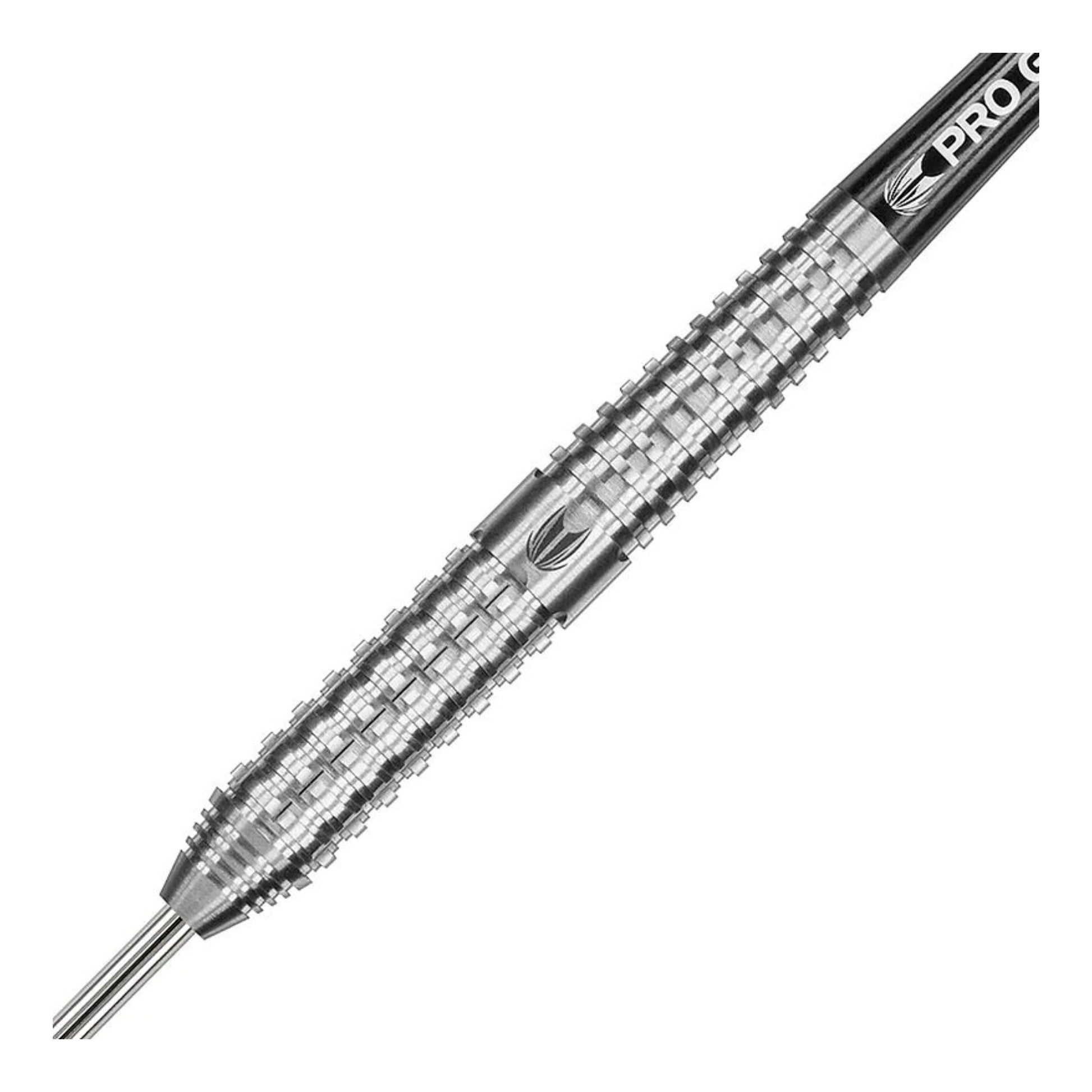 Close up of Target Agora A04 dart barrel showing the radial grooves and vertical milled cuts.