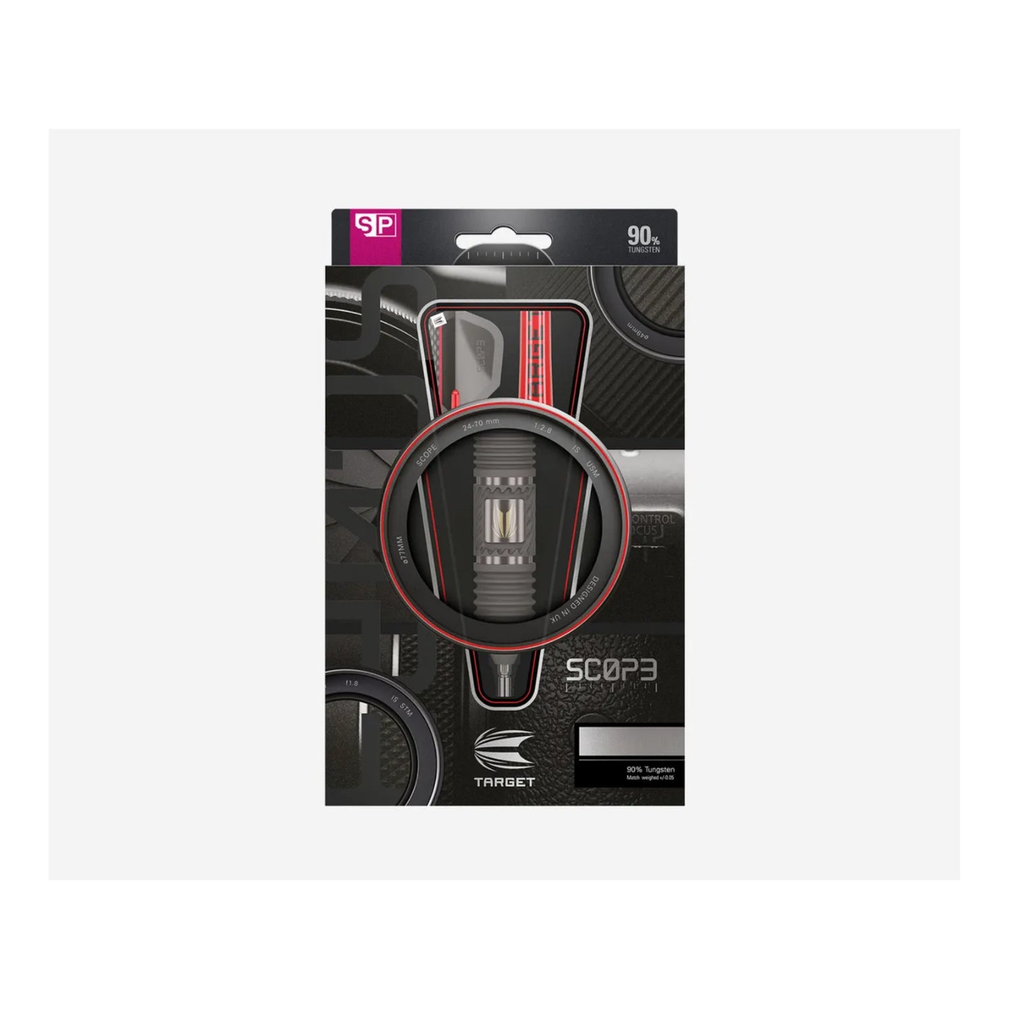 Target Scope 03 SP darts set with flights, shafts, and Swiss Point tool in packaging