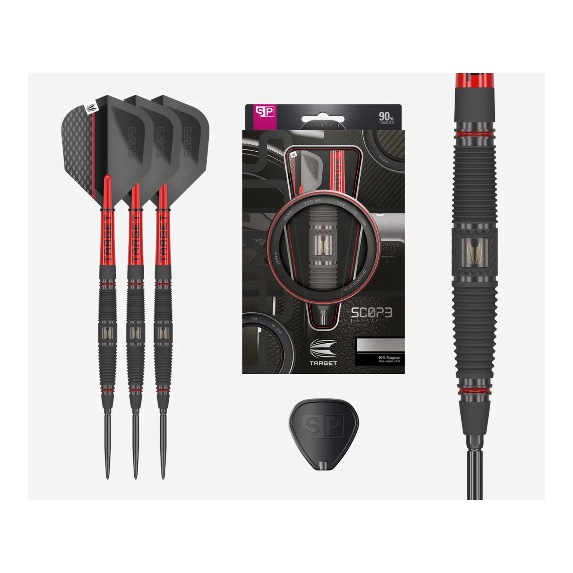 Full length view of Target Scope 04 SP 90% tungsten darts with tapered shape