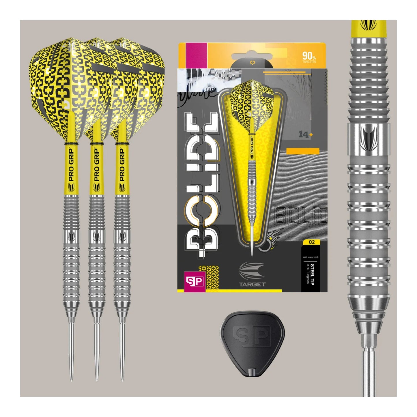 Bolide darts with yellow and black pattern, packaging, and a black pick on a gray background