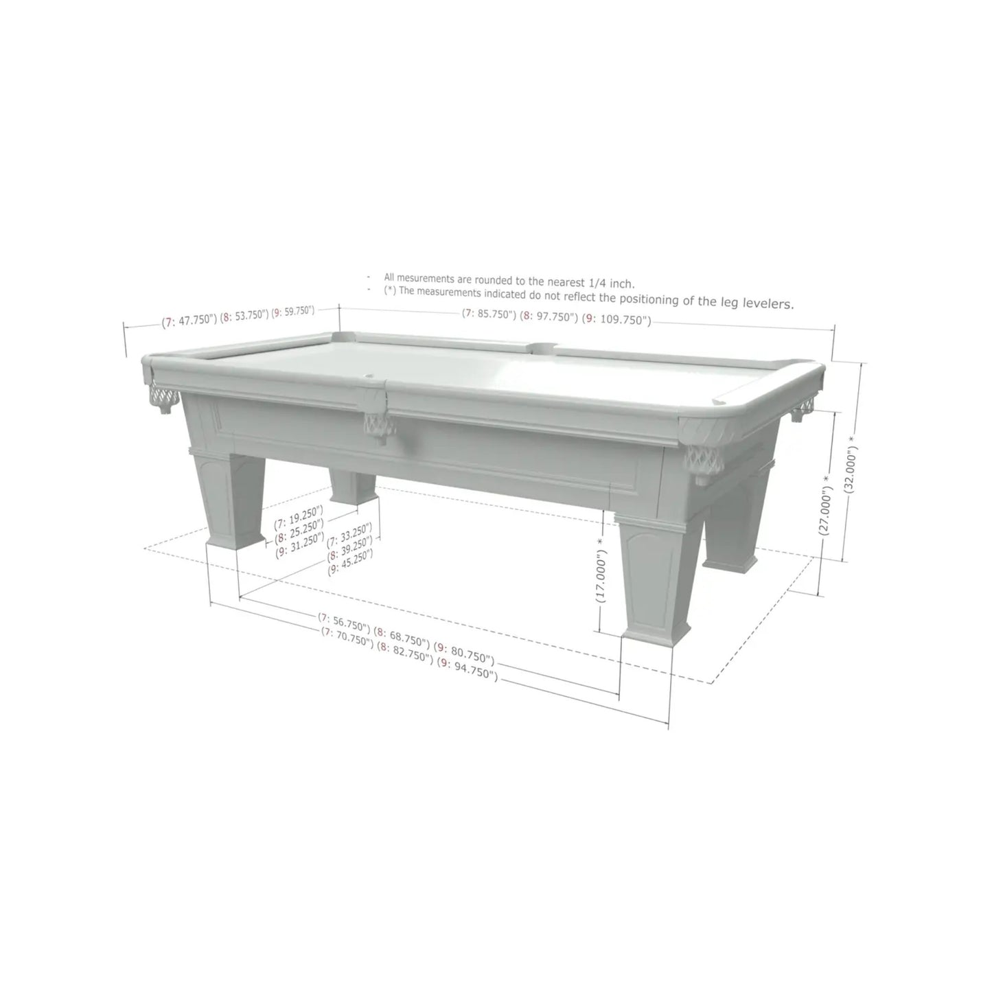 Tendance Pool Table Dimensions and Sizes Chart