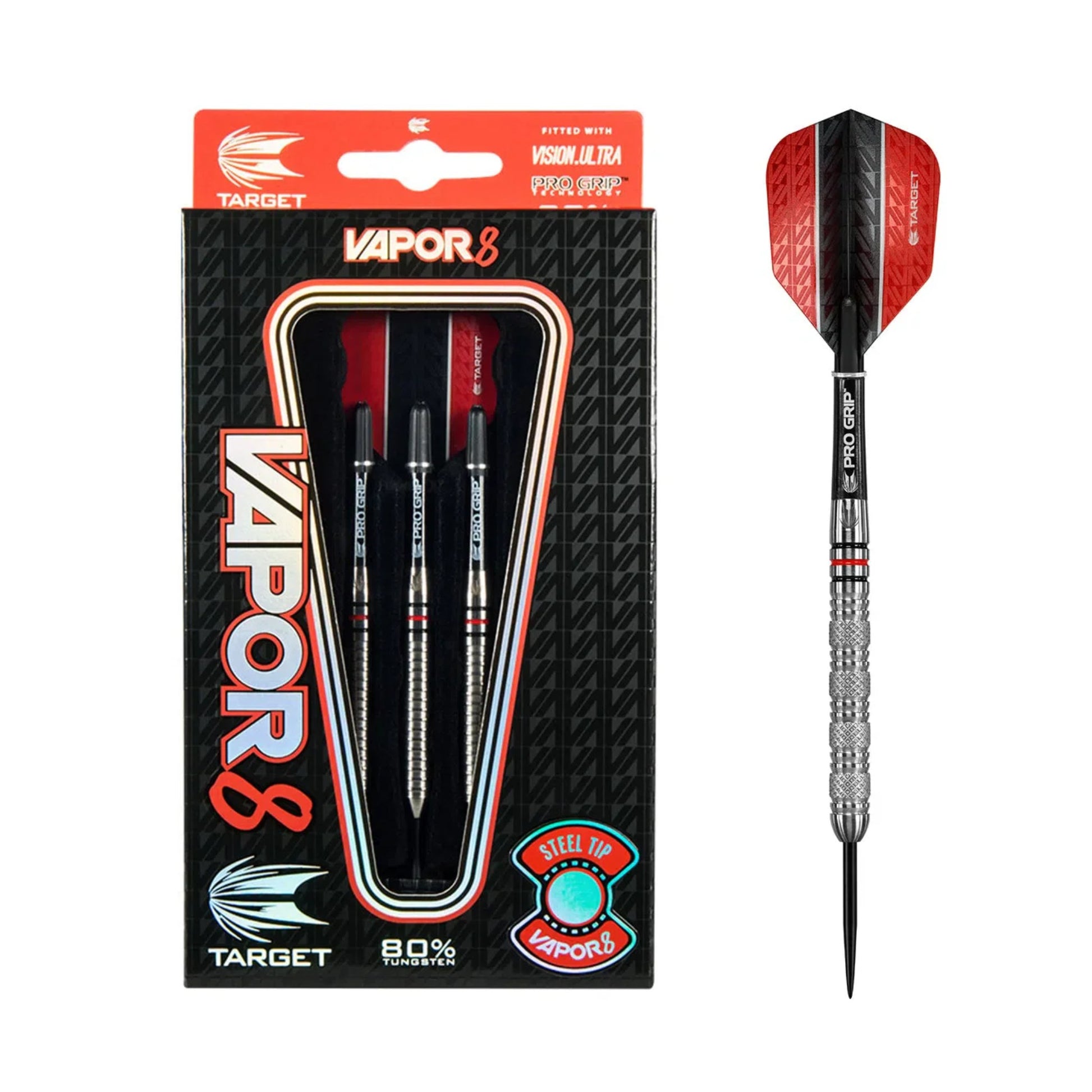Full package display of Target Vapor 8 01 80% Tungsten Dart barrel with black and red rings
