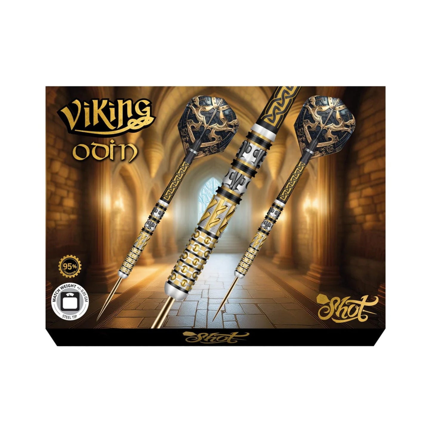 Viking Odin darts packaging with two darts on a decorative background