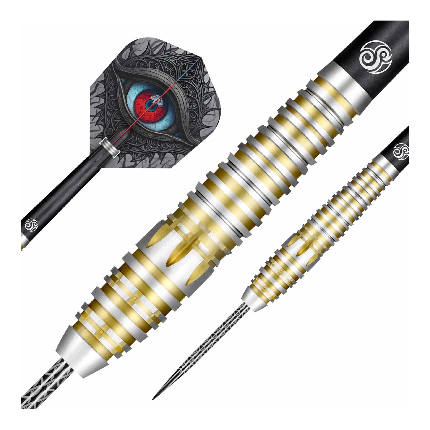 Two darts with gold and silver design on a white background