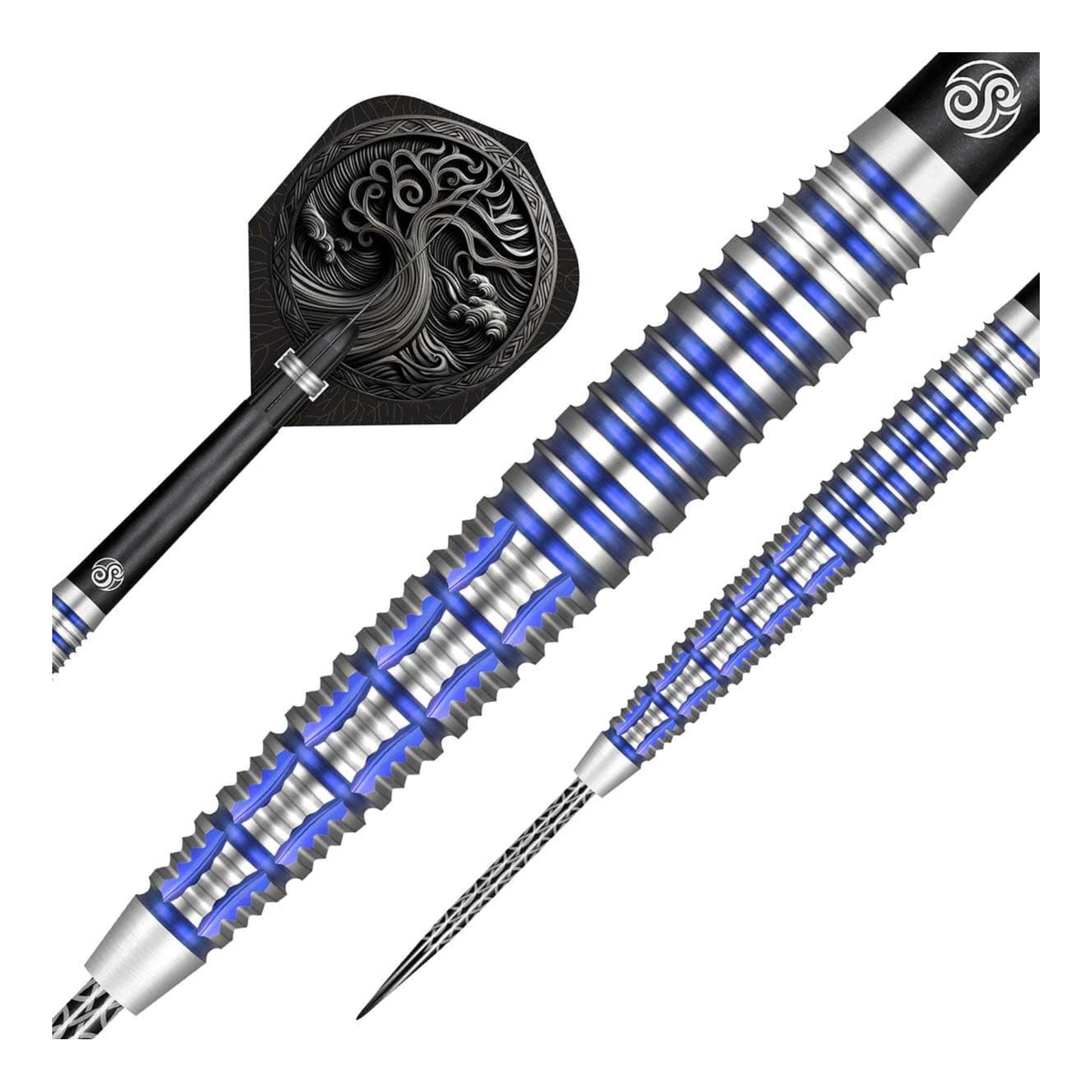 Two darts with blue and silver design on a white background