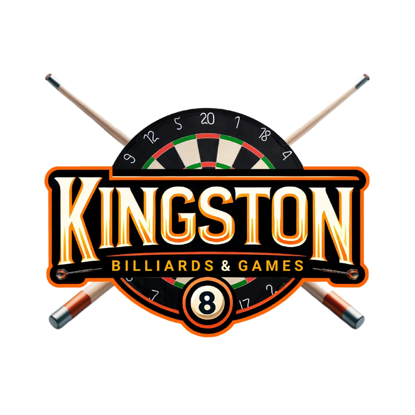 Kingston Billiards & Games logo with darts and pool cues.
