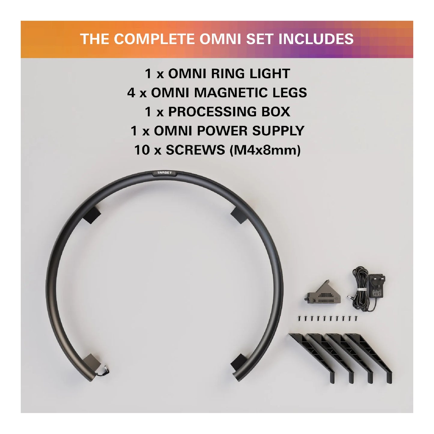 Omni dartboard complete set image showing light ring, magnetic legs, processing box, ommi power supply and 10 screws