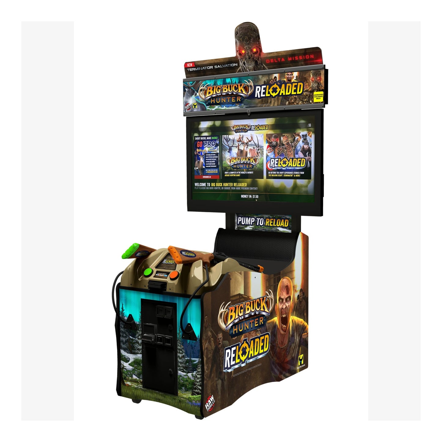 Arcade machine with 'Big Buck Hunter Reloaded' branding on a white background