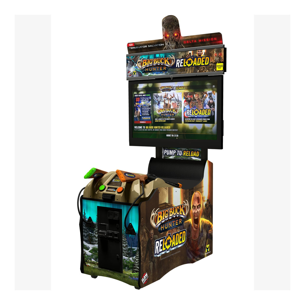 Arcade machine with 'Big Buck Hunter Reloaded' branding on a white background