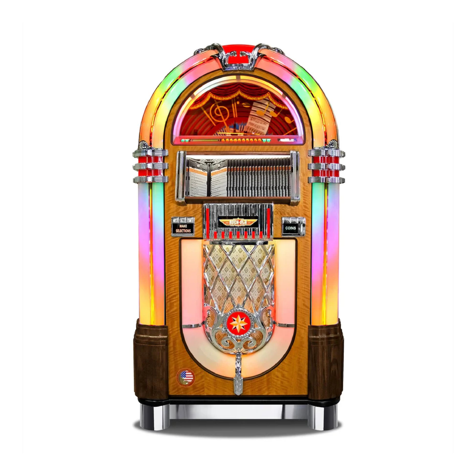Vintage-style jukebox with colorful top panel on a white background