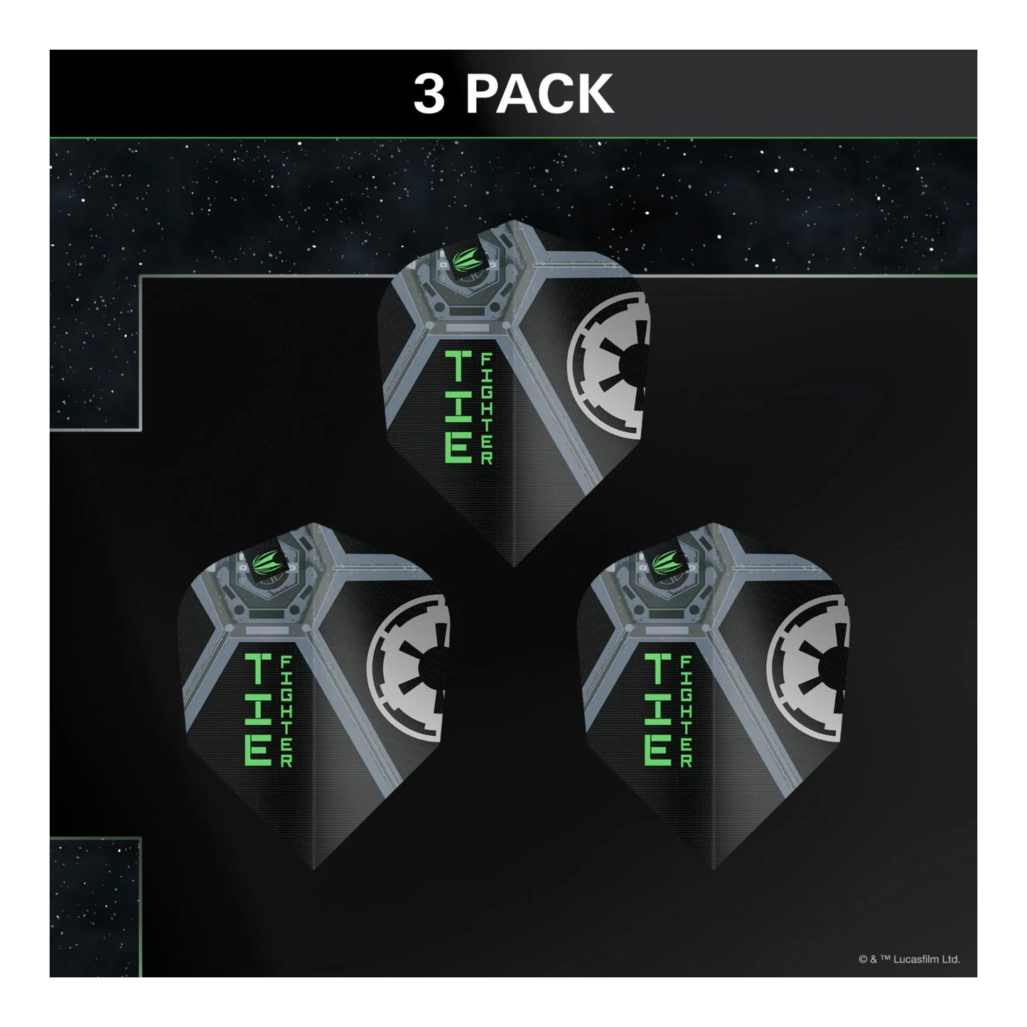 The official Star Wars and Target Darts branded packaging for the Tie Fighter Pro Ultra flights.