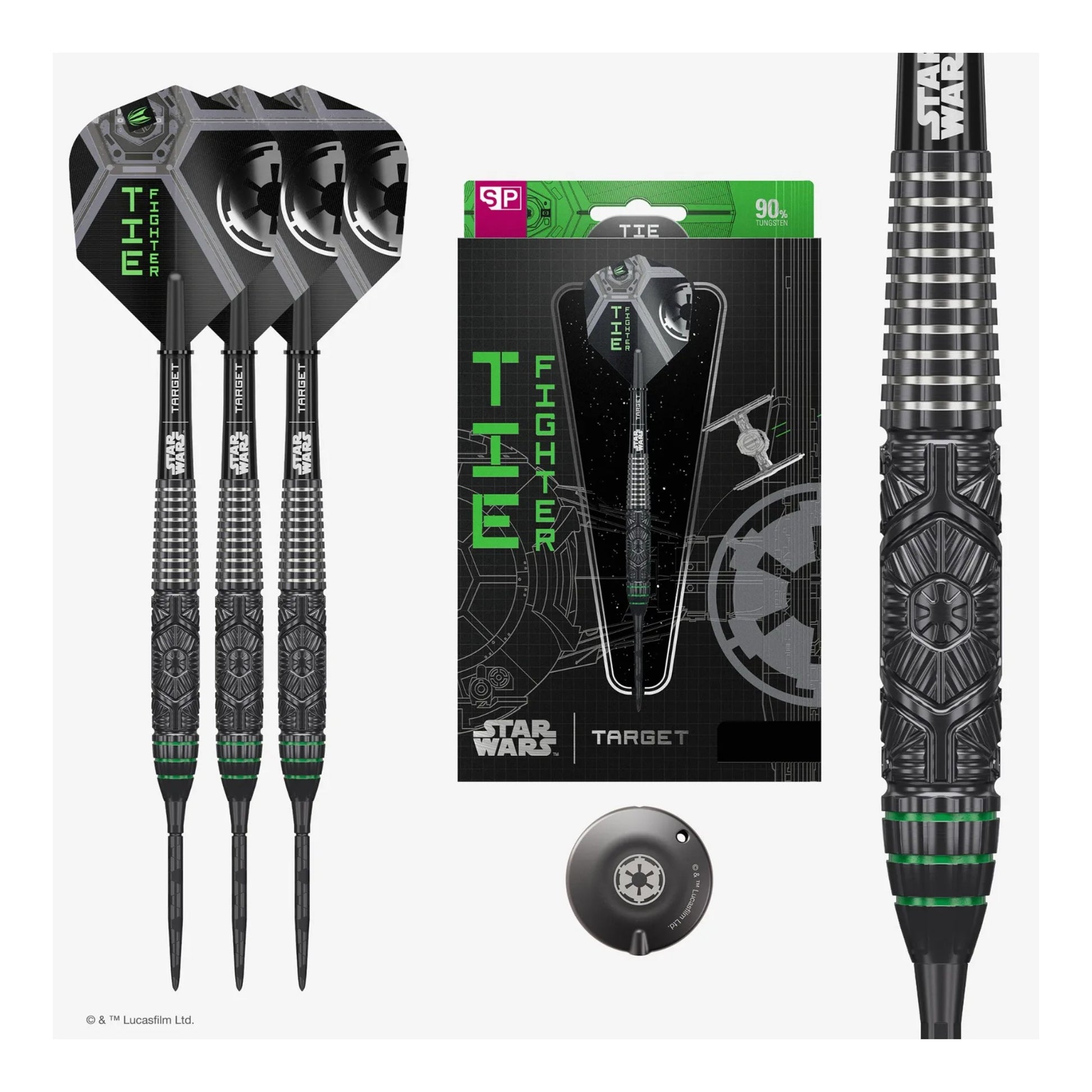 An overhead view of the full product layout, including the 90% tungsten barrels, shafts, flights, and packaging.