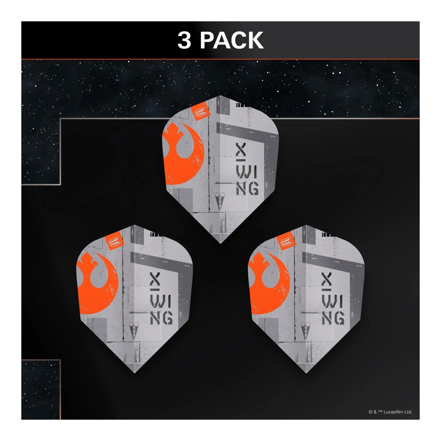 Three X-Wing dart flights in a packaging with a black background
