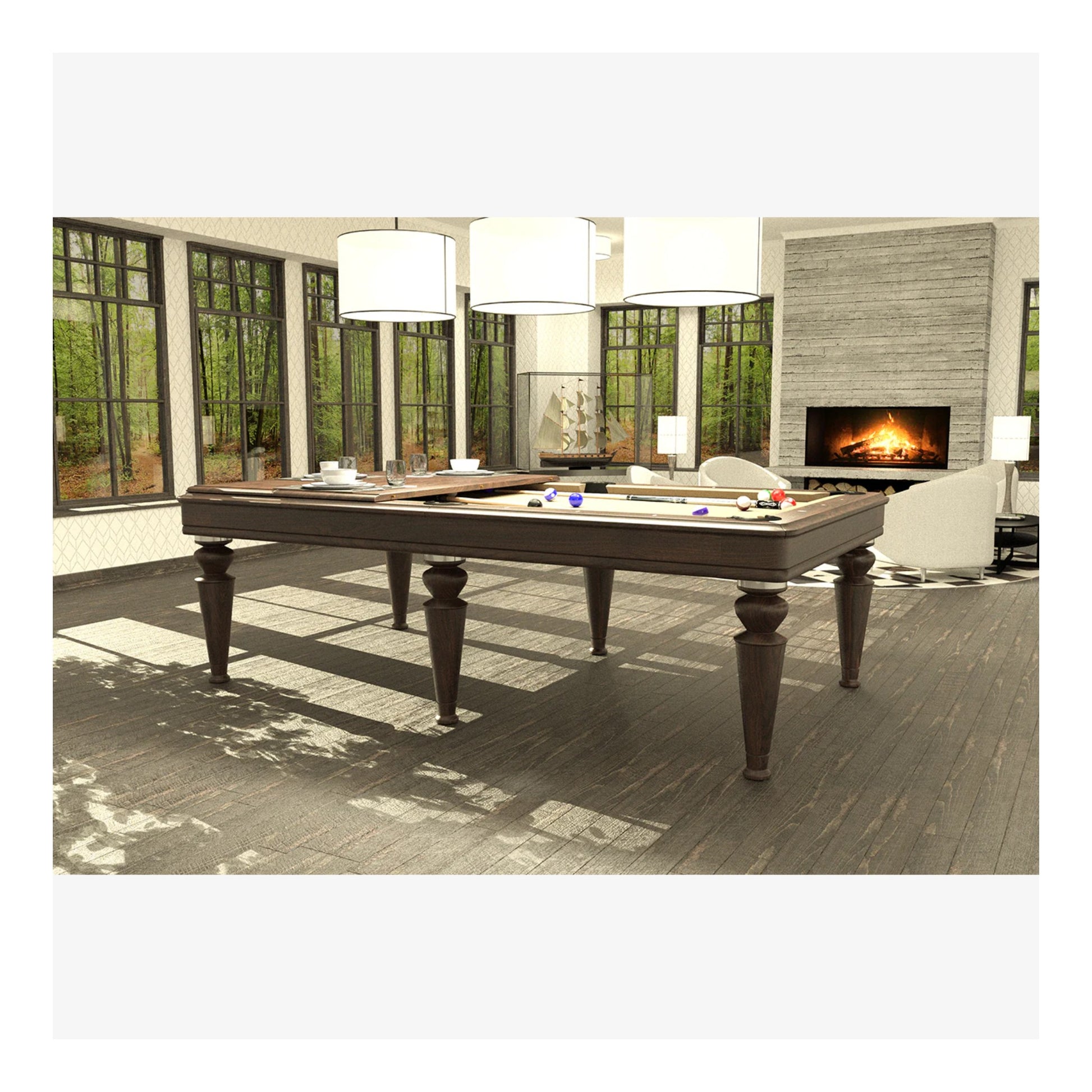 Wooden pool table in a modern living room with a fireplace and large windows.