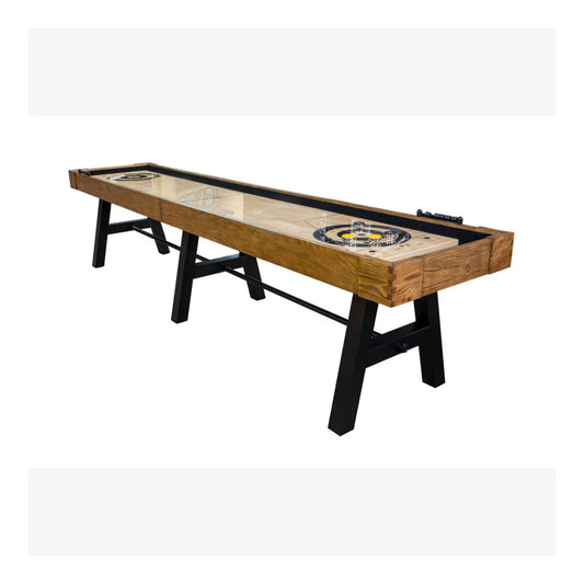 Full-length view of the 12-foot MasterSpeed shuffleboard table in a brown finish, showing the playing surface and modern metal legs.